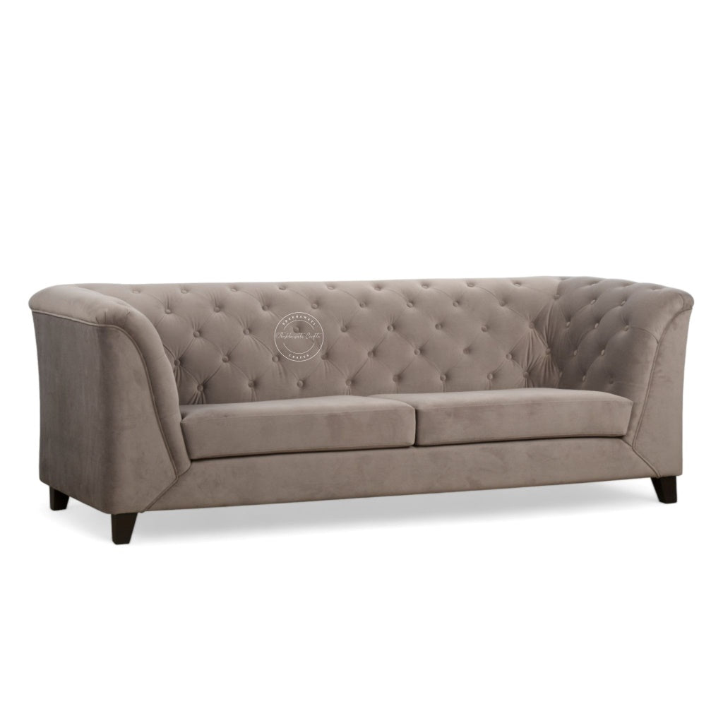 classic tufted loveseat sofa upholstered in a textured taupe fabric, featuring dark wooden legs, shown against a plain white background