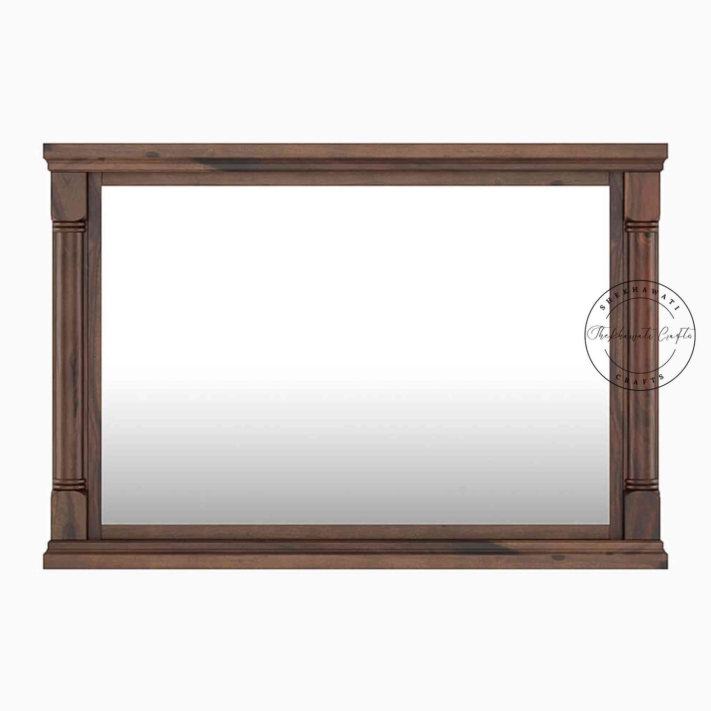 Hand-carved wooden SCI mirror frame in Sheesham wood, natural finish, suitable for home decor, wall mounting.