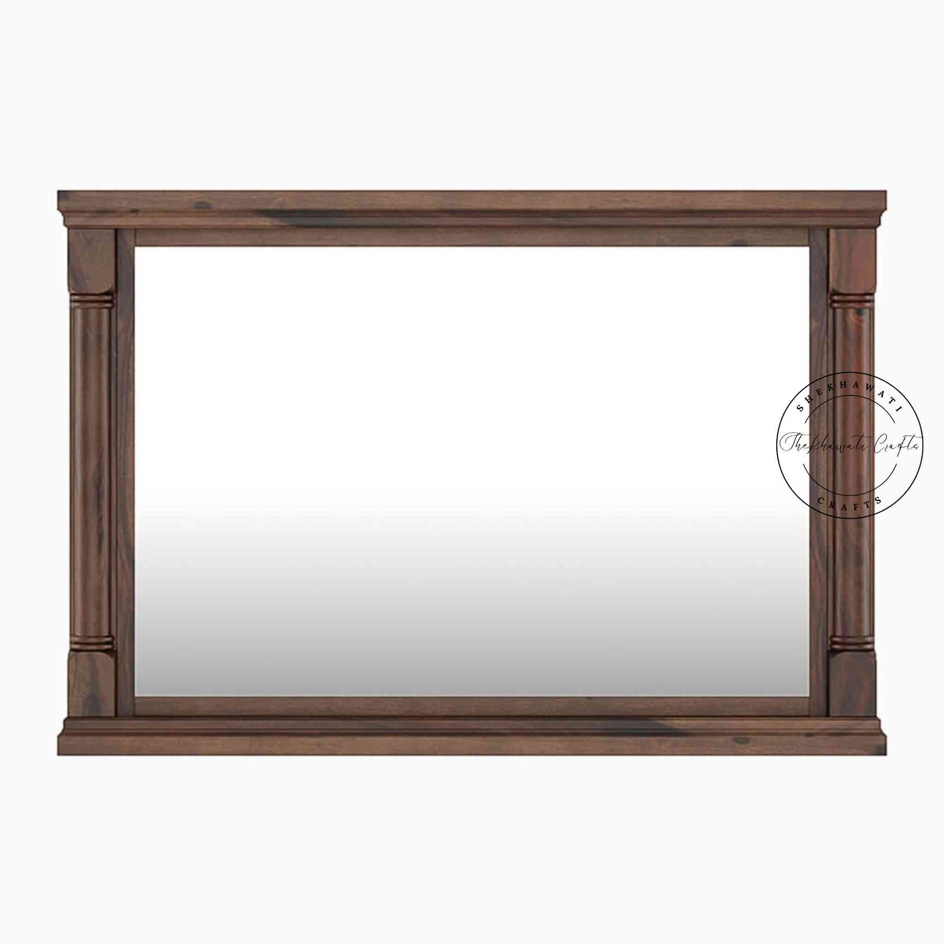 Hand-carved wooden SCI mirror frame in Sheesham wood, natural finish, suitable for home decor, wall mounting.