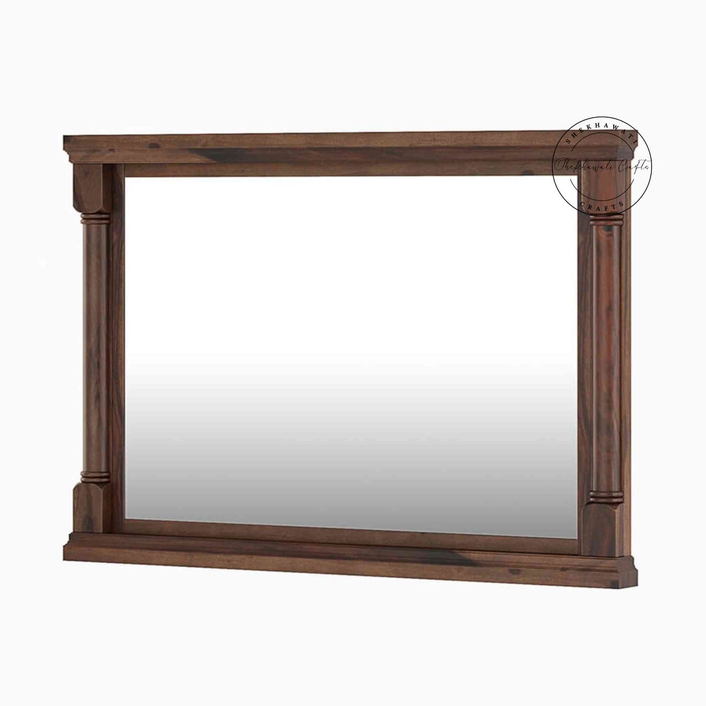 Hand-carved wooden SCI mirror frame in Sheesham wood, natural finish, suitable for home decor, wall mounting.