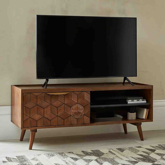 Handcrafted mango wood TV Unit with a honey finish, foldable legs, detachable black shelf, ample storage, wooden TV cabinet for home or office furniture.