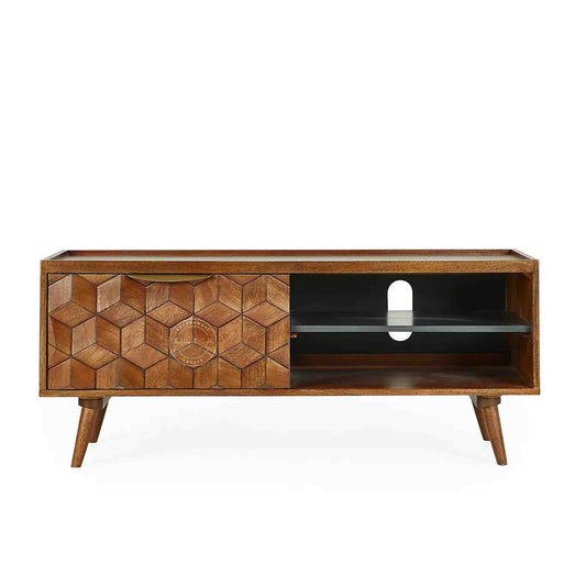Handcrafted mango wood TV Unit with a honey finish, foldable legs, detachable black shelf, ample storage, wooden TV cabinet for home or office furniture.