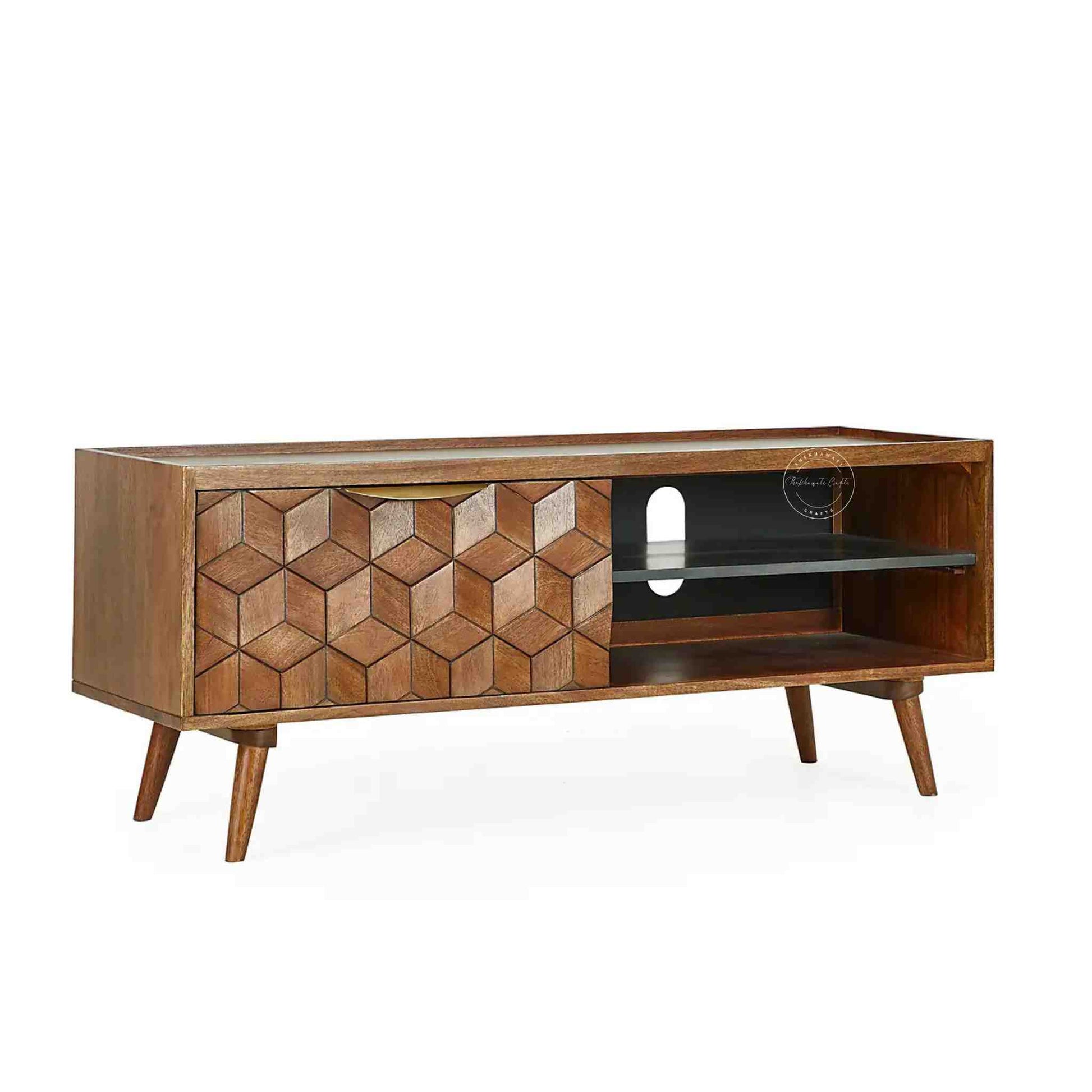 Handcrafted mango wood TV Unit with a honey finish, foldable legs, detachable black shelf, ample storage, wooden TV cabinet for home or office furniture.