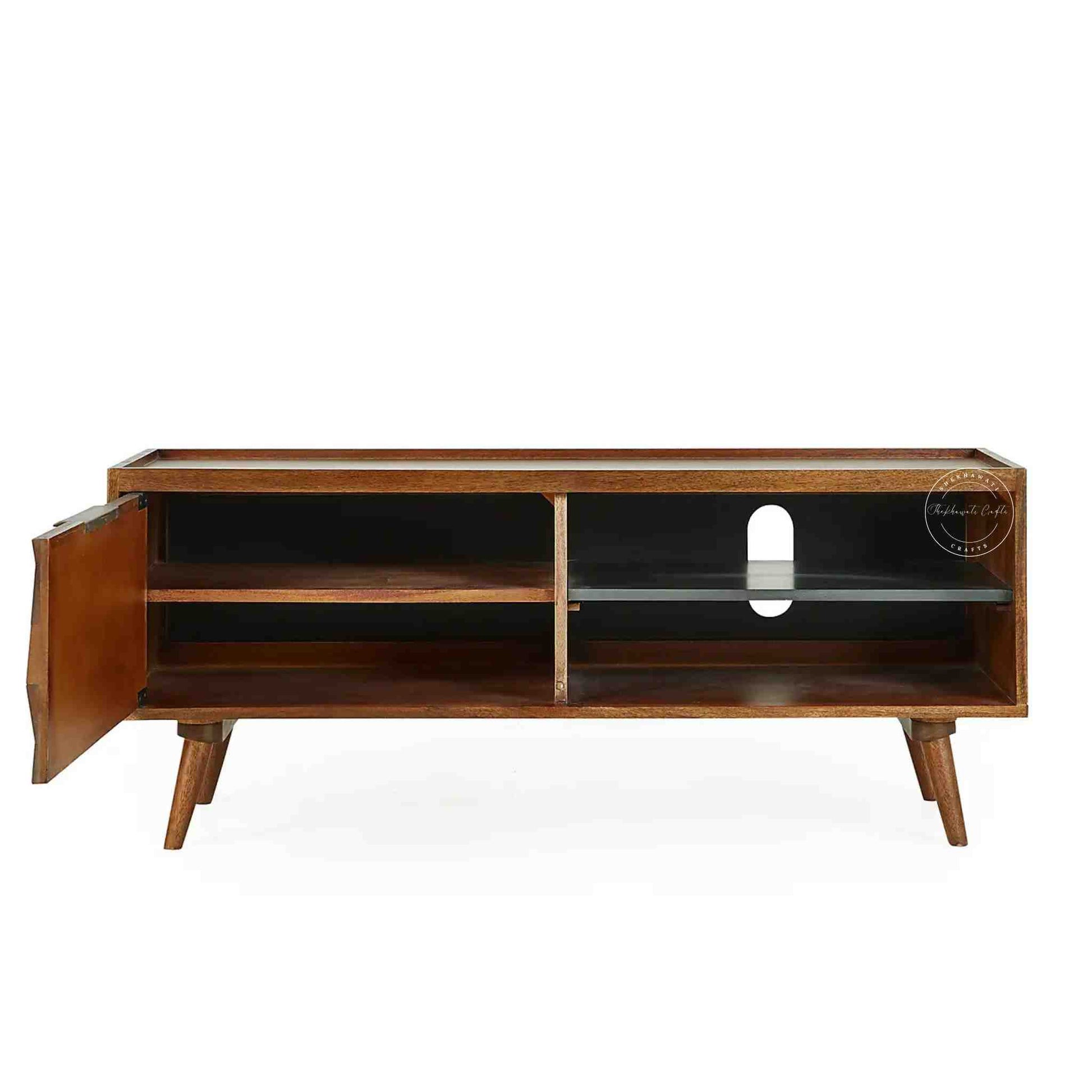 Handcrafted mango wood TV Unit with a honey finish, foldable legs, detachable black shelf, ample storage, wooden TV cabinet for home or office furniture.