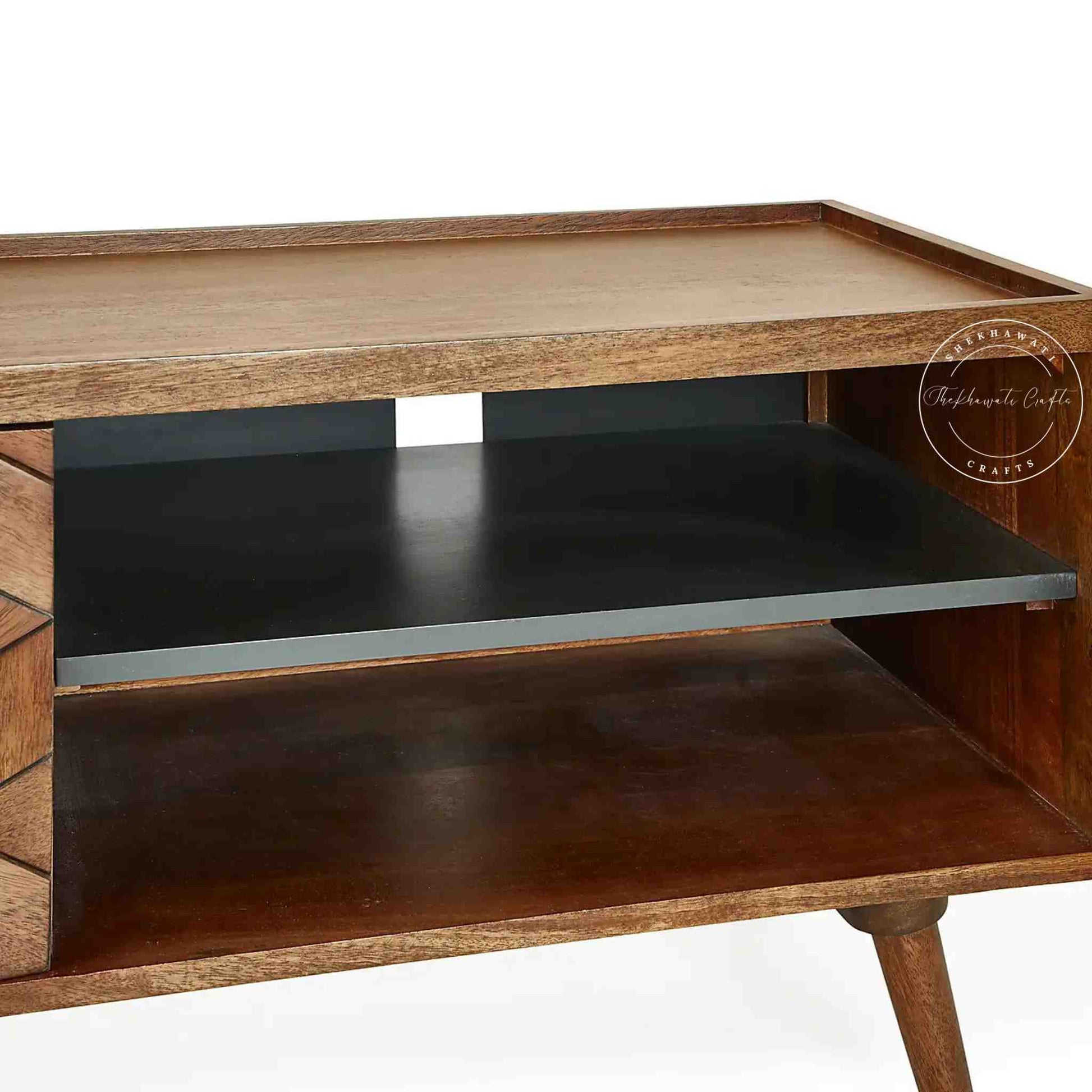 Handcrafted mango wood TV Unit with a honey finish, foldable legs, detachable black shelf, ample storage, wooden TV cabinet for home or office furniture.
