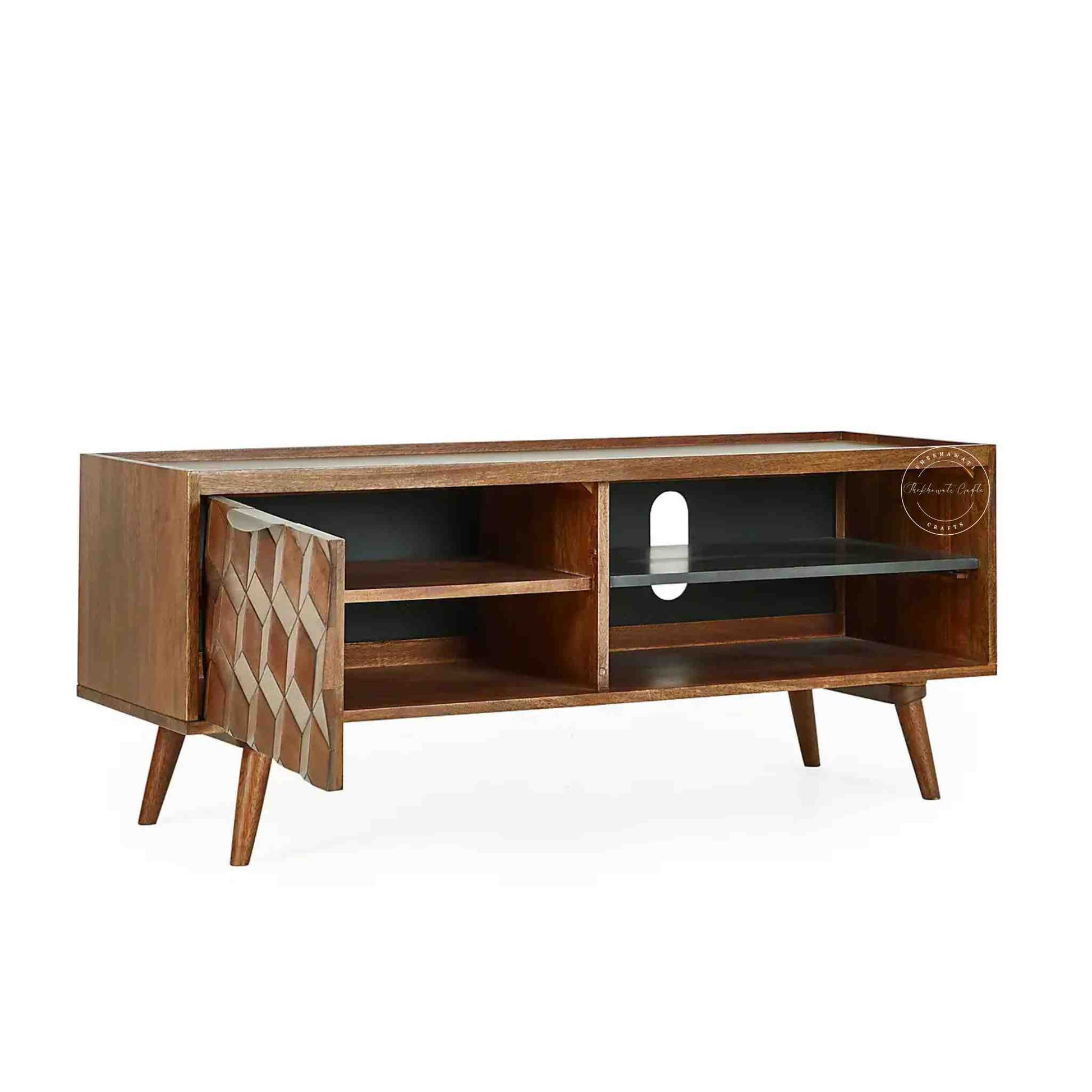 Handcrafted mango wood TV Unit with a honey finish, foldable legs, detachable black shelf, ample storage, wooden TV cabinet for home or office furniture.