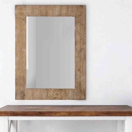 Sasimo wood mirror frame with mango wood, natural finish, wooden wall mirror for home and bathroom decor.
