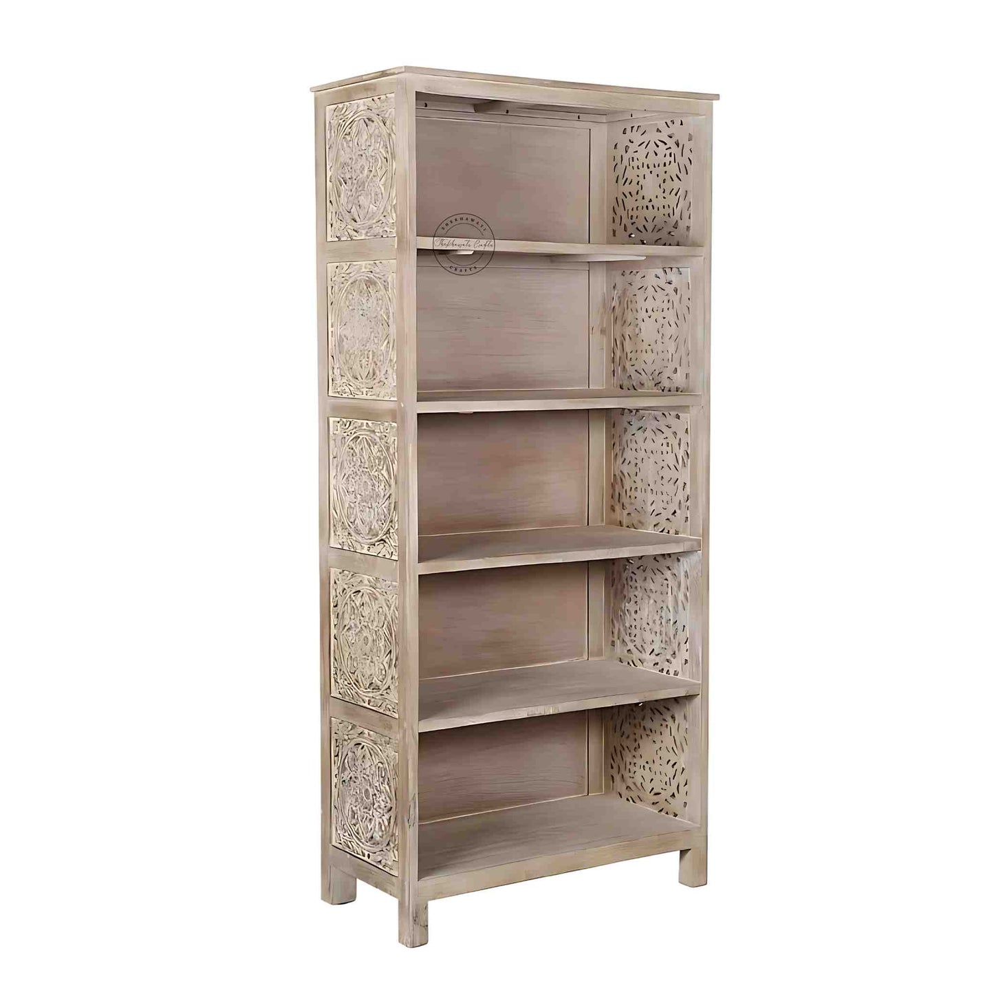 Handcrafted mango wood bookshelves, bookshelf with rustic white finish and five spacious shelves.