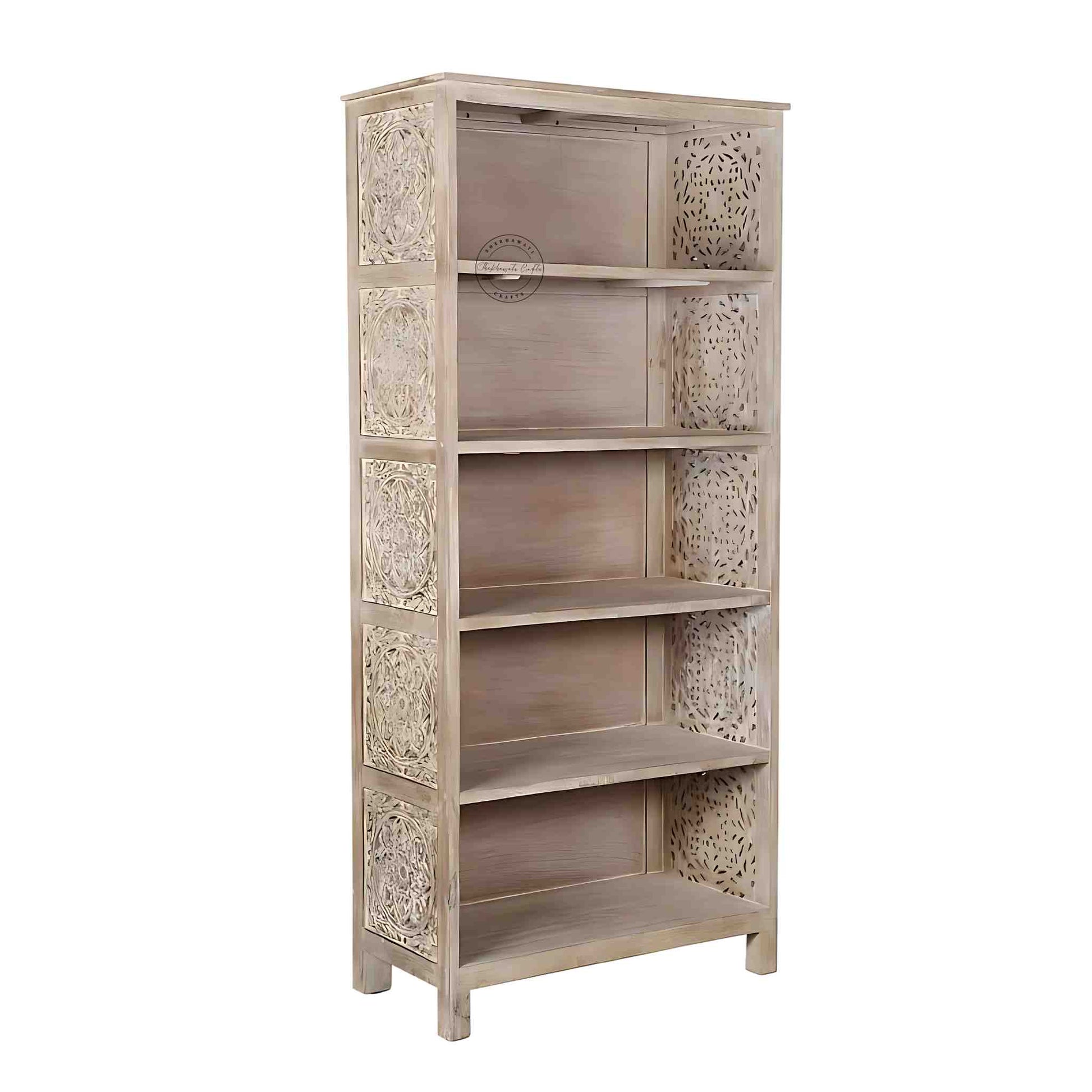 Handcrafted mango wood bookshelves, bookshelf with rustic white finish and five spacious shelves.