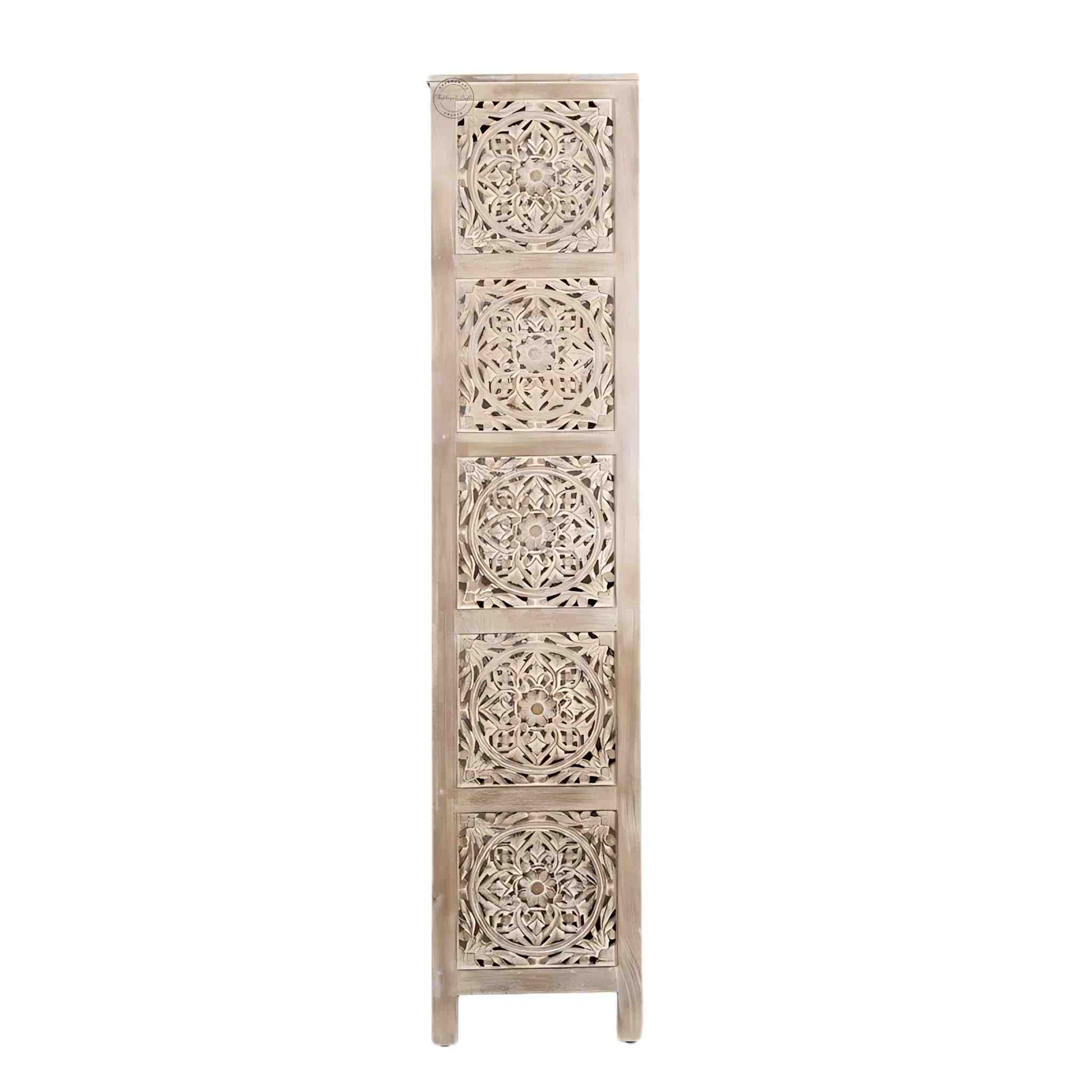 Handcrafted mango wood bookshelves, bookshelf with rustic white finish and five spacious shelves.