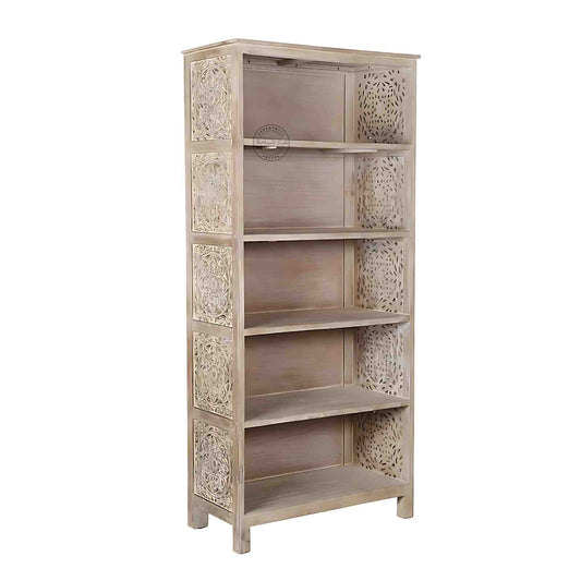 Handcrafted mango wood bookshelves, bookshelf with rustic white finish and five spacious shelves.