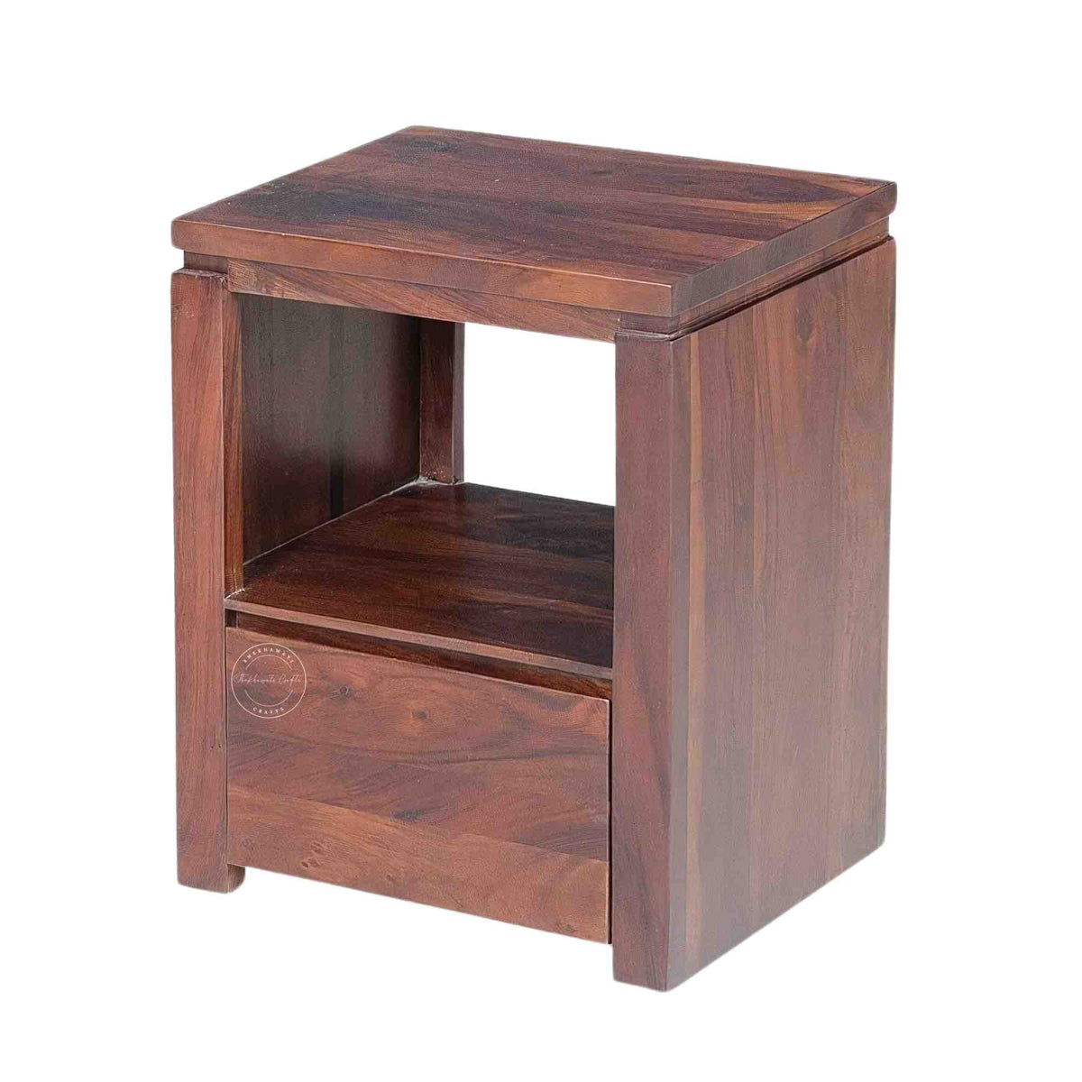 Side view of a wooden bedside table made of sheesham wood with a honey finish, featuring a drawer and an open shelf.