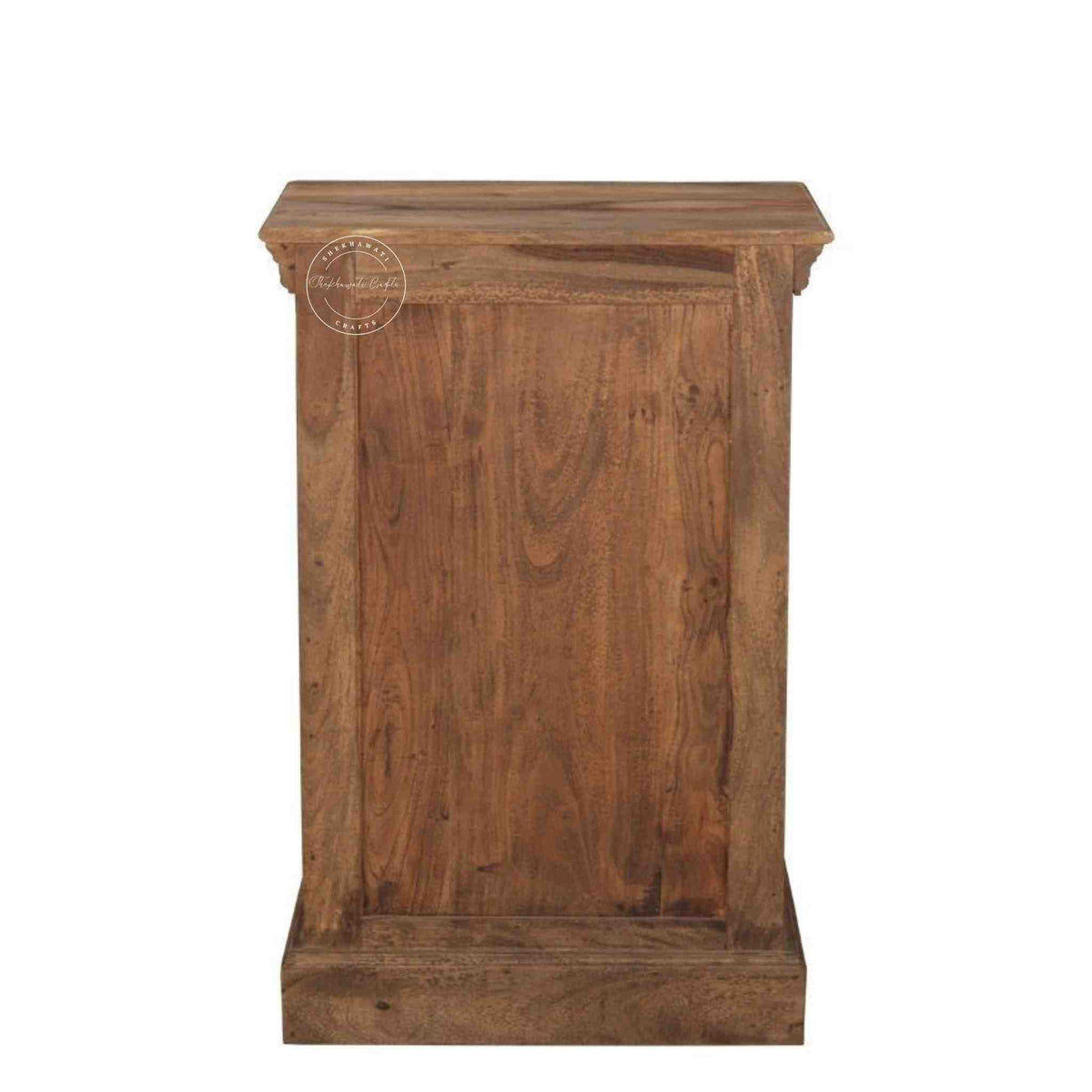 back side view of a handcrafted bedside made with solid sheesham wood and unique design iron jali for home and office space.