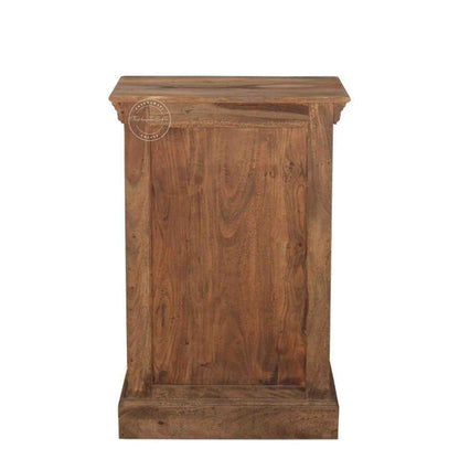 back side view of a handcrafted bedside made with solid sheesham wood and unique design iron jali for home and office space.