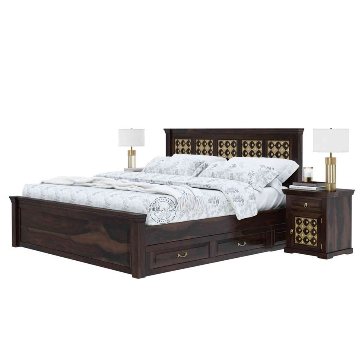 A king-size wooden bed with brass inlays and storage drawers, in a room with light walls.