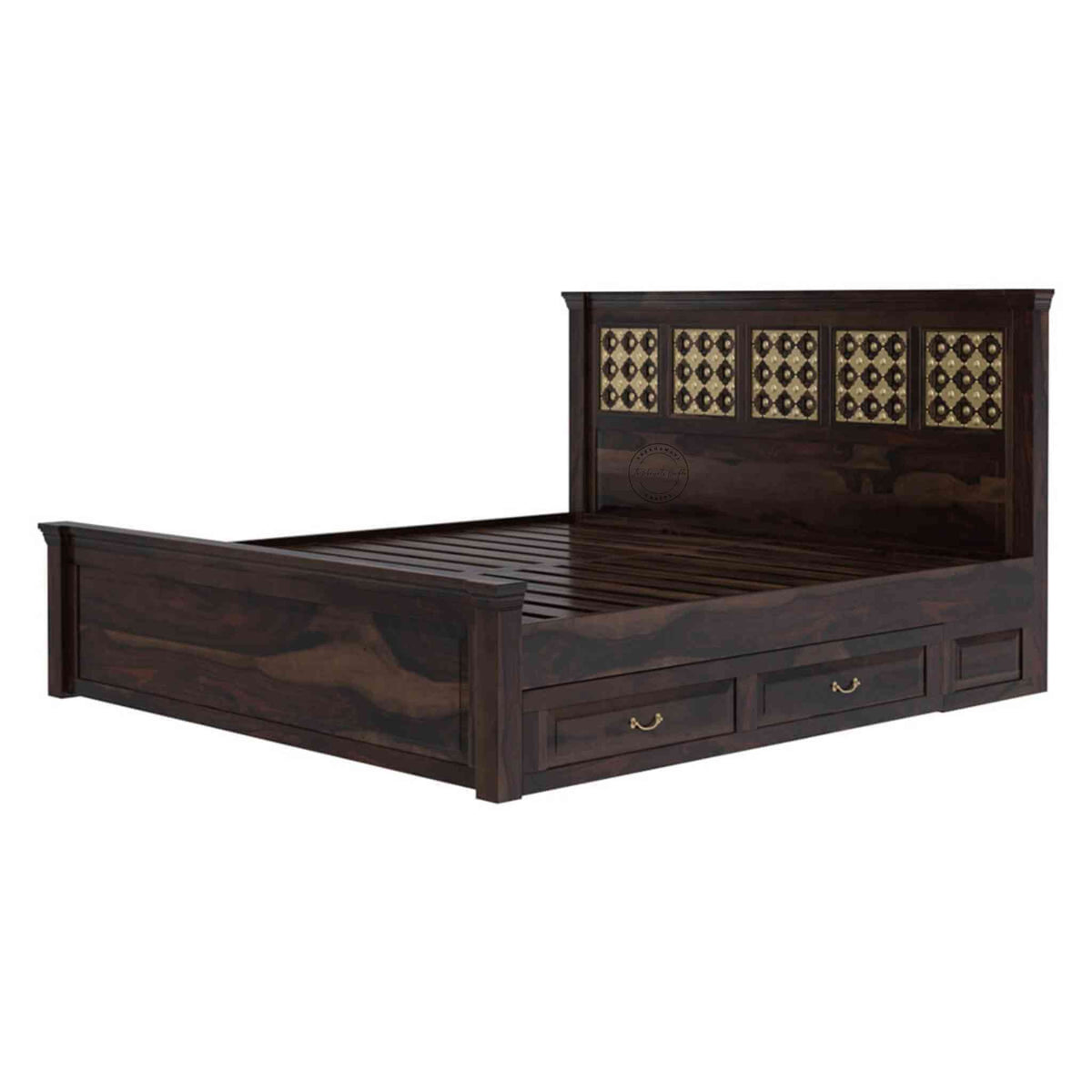 Side view of a king-size wooden bed with brass inlays and storage drawers, in a room with light walls.