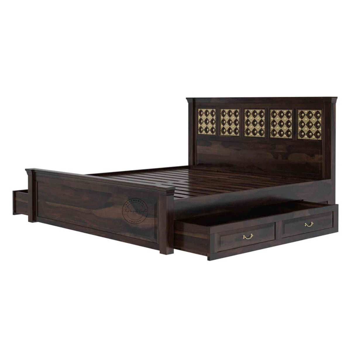 Side view of a king size wooden bed with brass inlays and storage drawers, in a room with light walls.