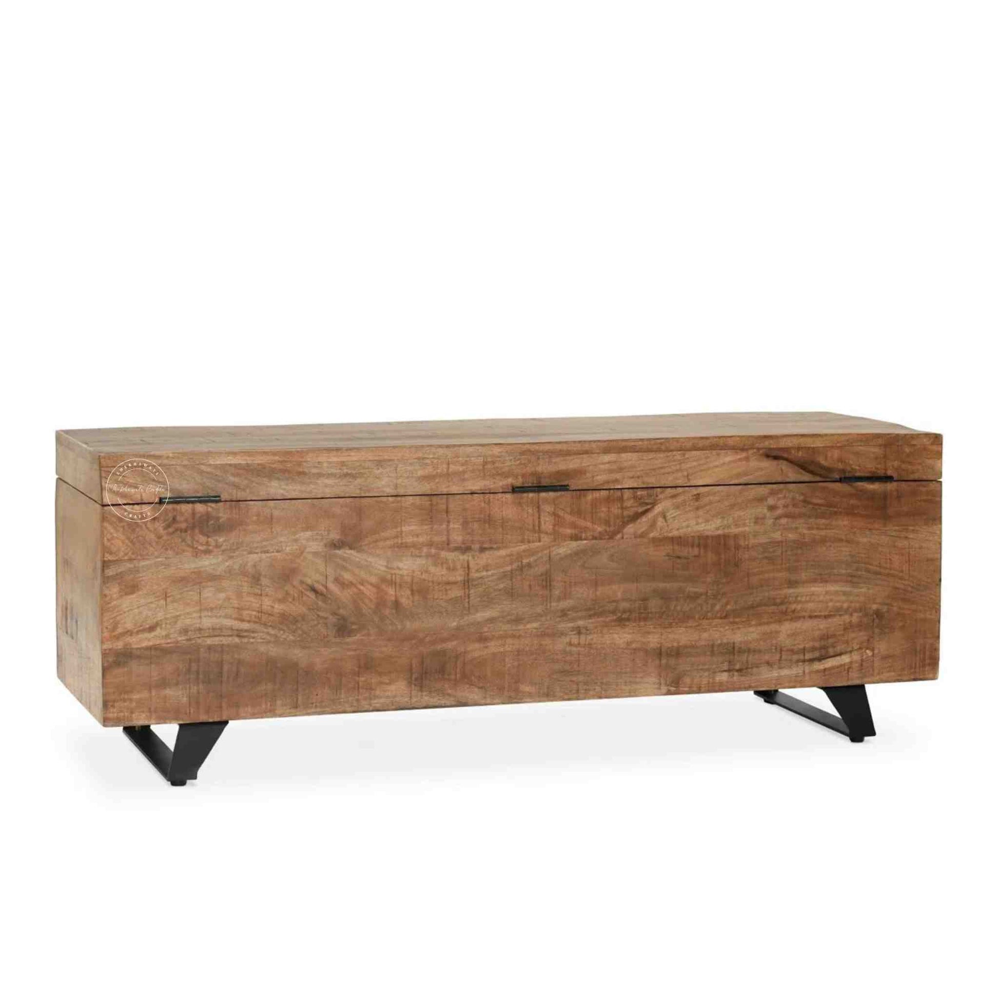 Soren storage bench made from mango wood and iron legs with natural finish and storage.