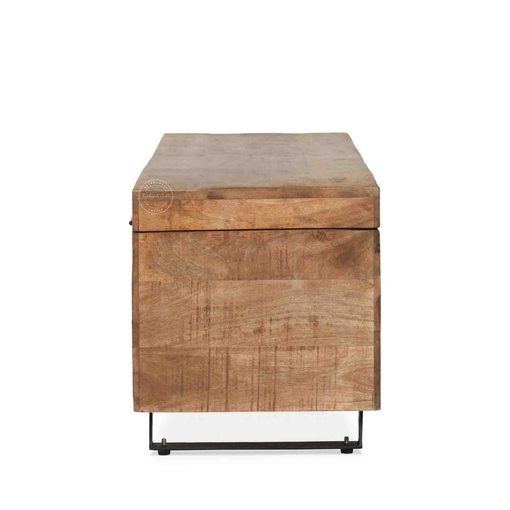 Soren storage bench made from mango wood and iron legs with natural finish and storage.