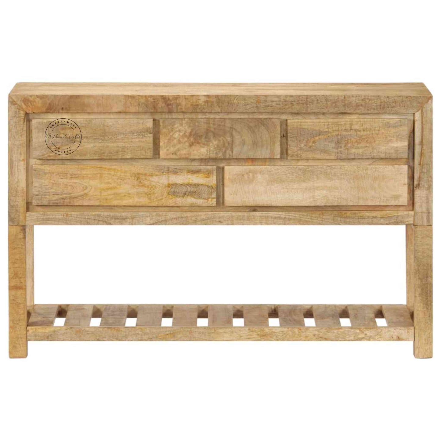 handcrafted wooden console table with 5 drawers and a bottom shelf 