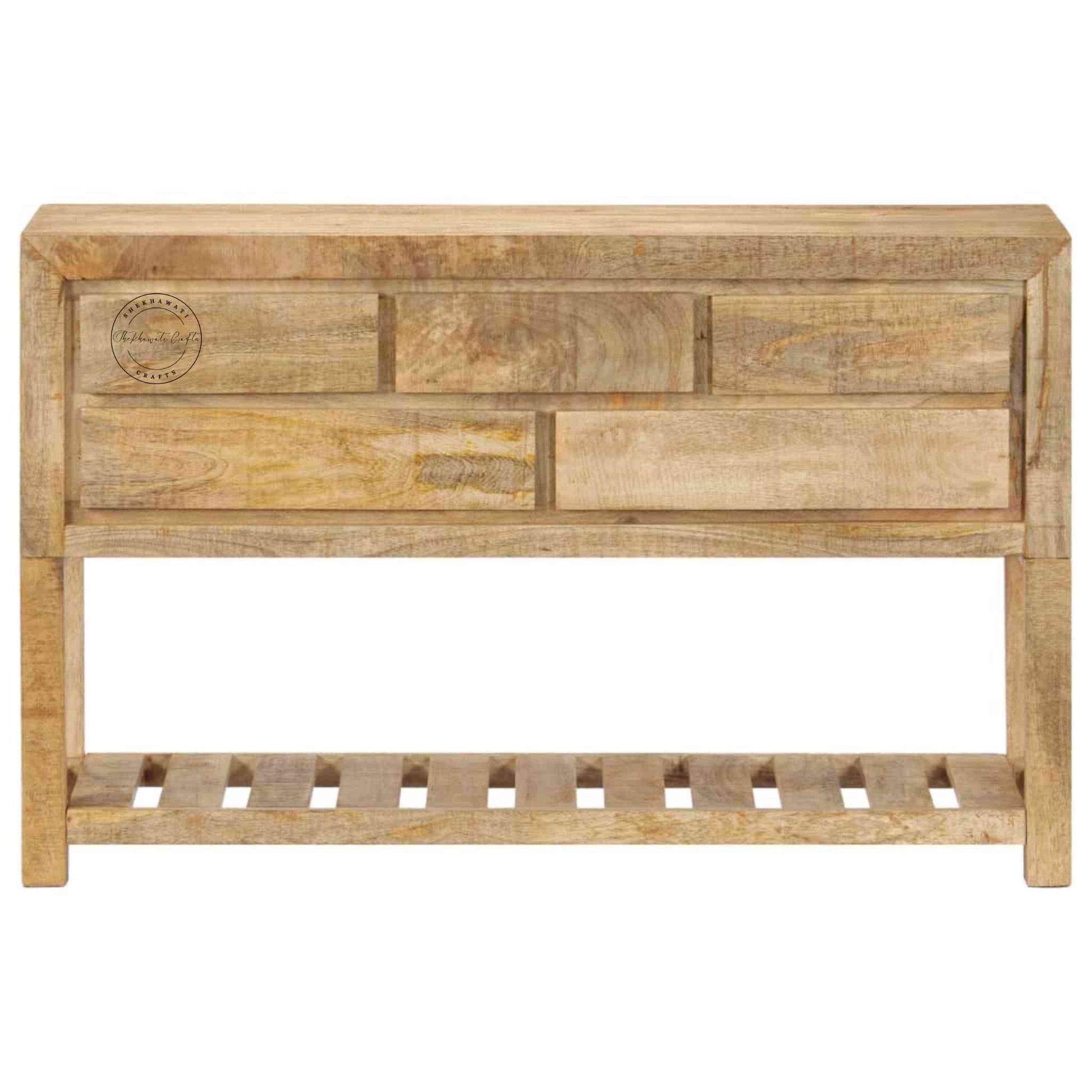 handcrafted wooden console table with 5 drawers and a bottom shelf 