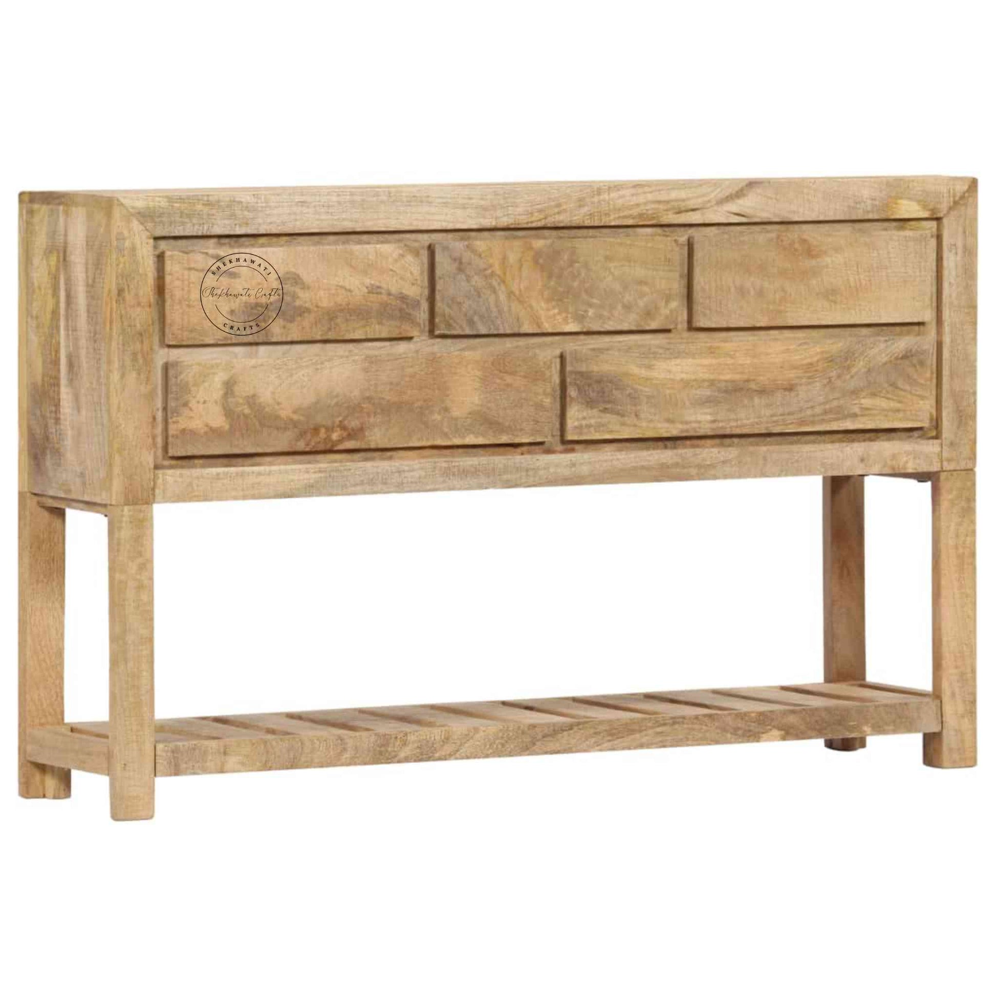 handcrafted wooden console table with 5 drawers and a bottom shelf 