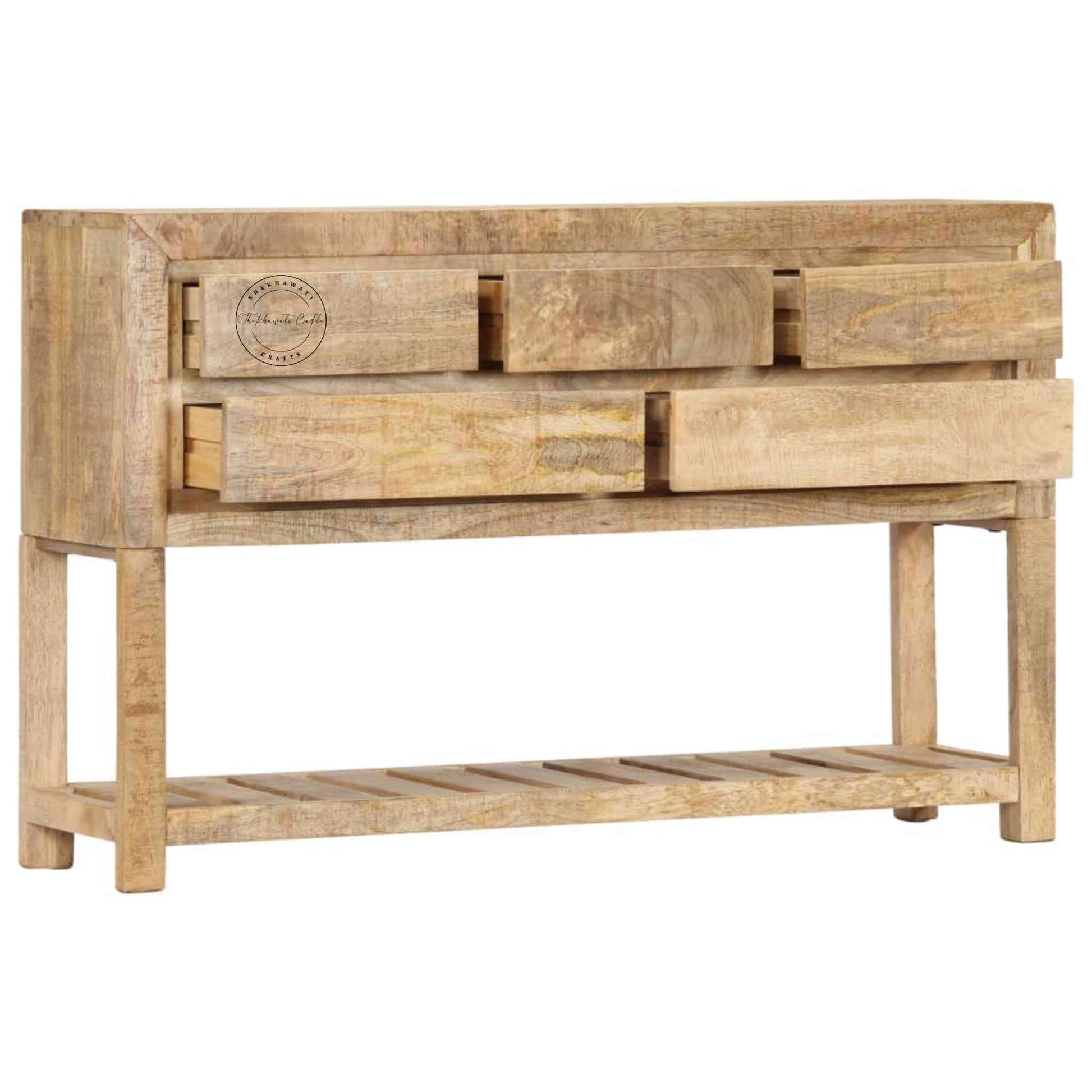 handcrafted wooden console table with 5 drawers and a bottom shelf 