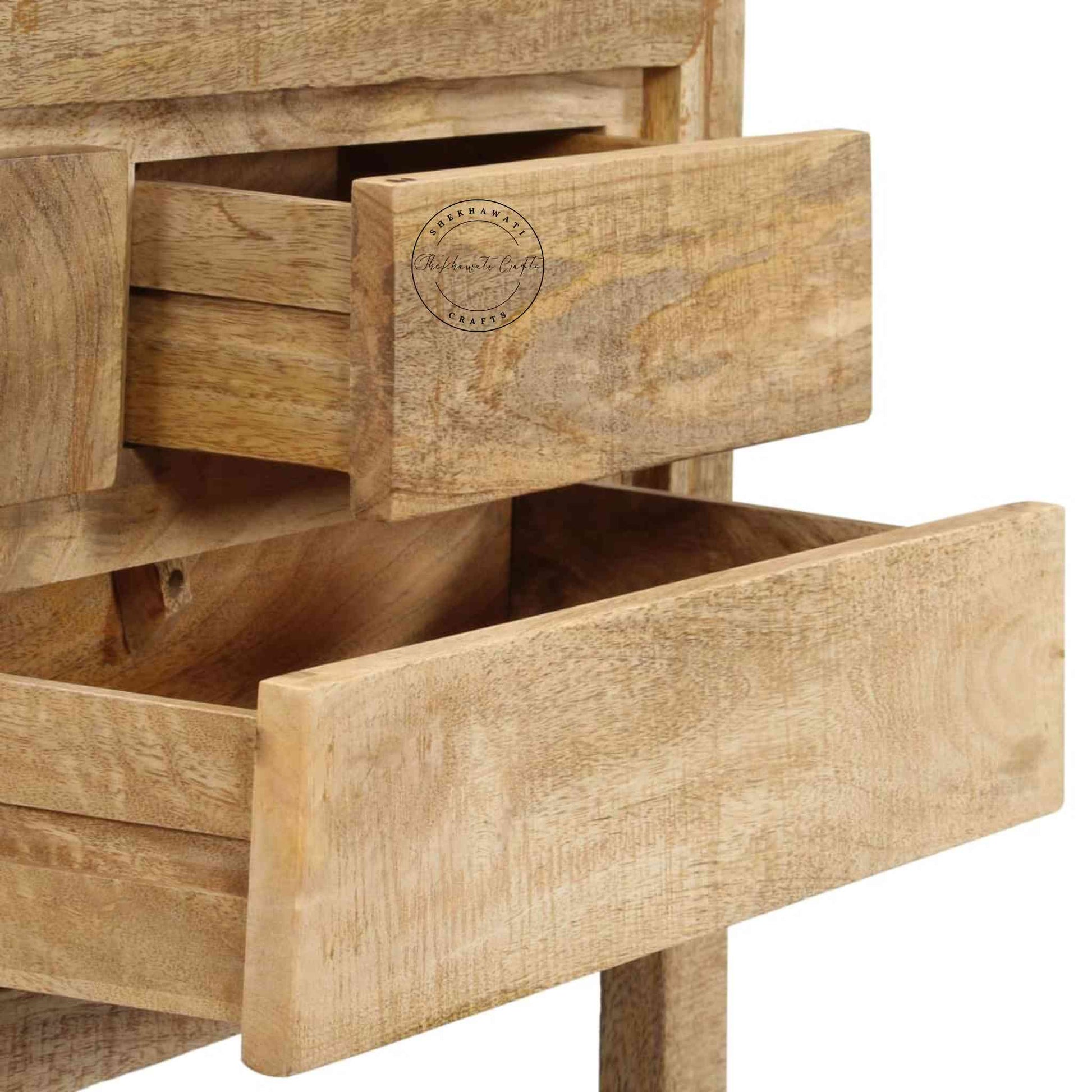 handcrafted wooden console table with 5 drawers and a bottom shelf 