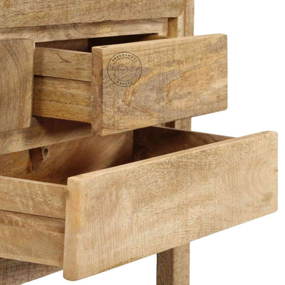 handcrafted wooden console table with 5 drawers and a bottom shelf 