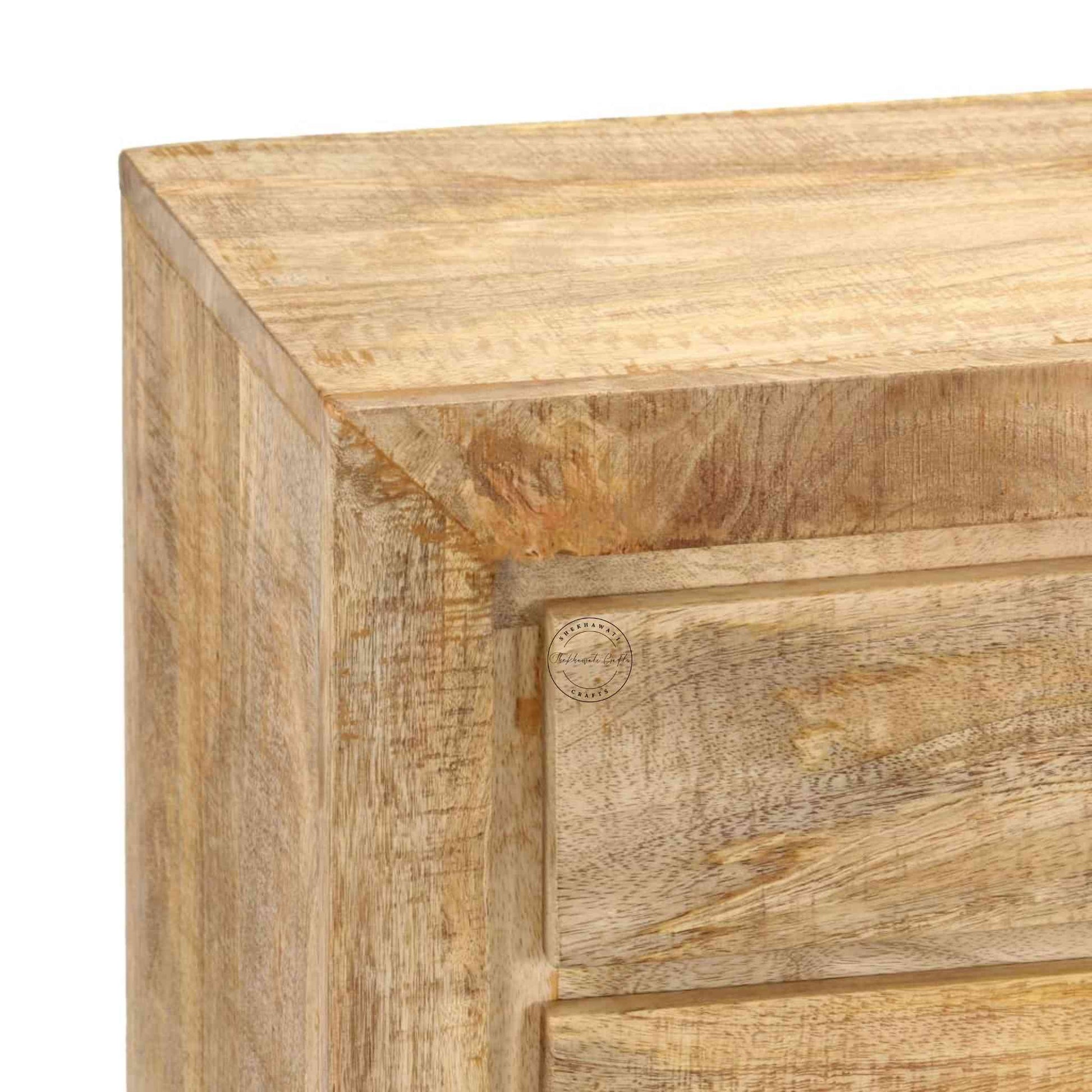 handcrafted wooden console table with 5 drawers and a bottom shelf 