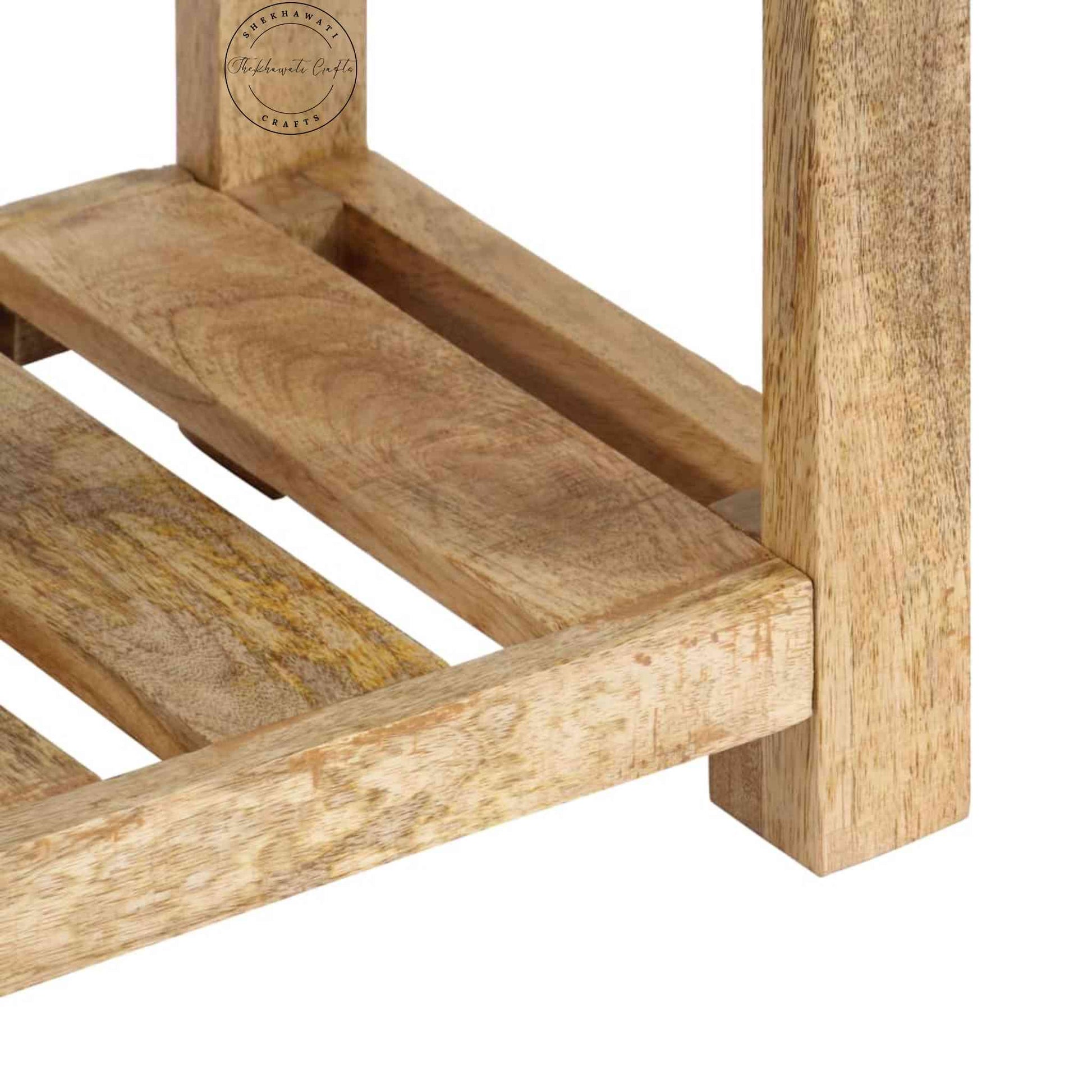 handcrafted wooden console table with 5 drawers and a bottom shelf 