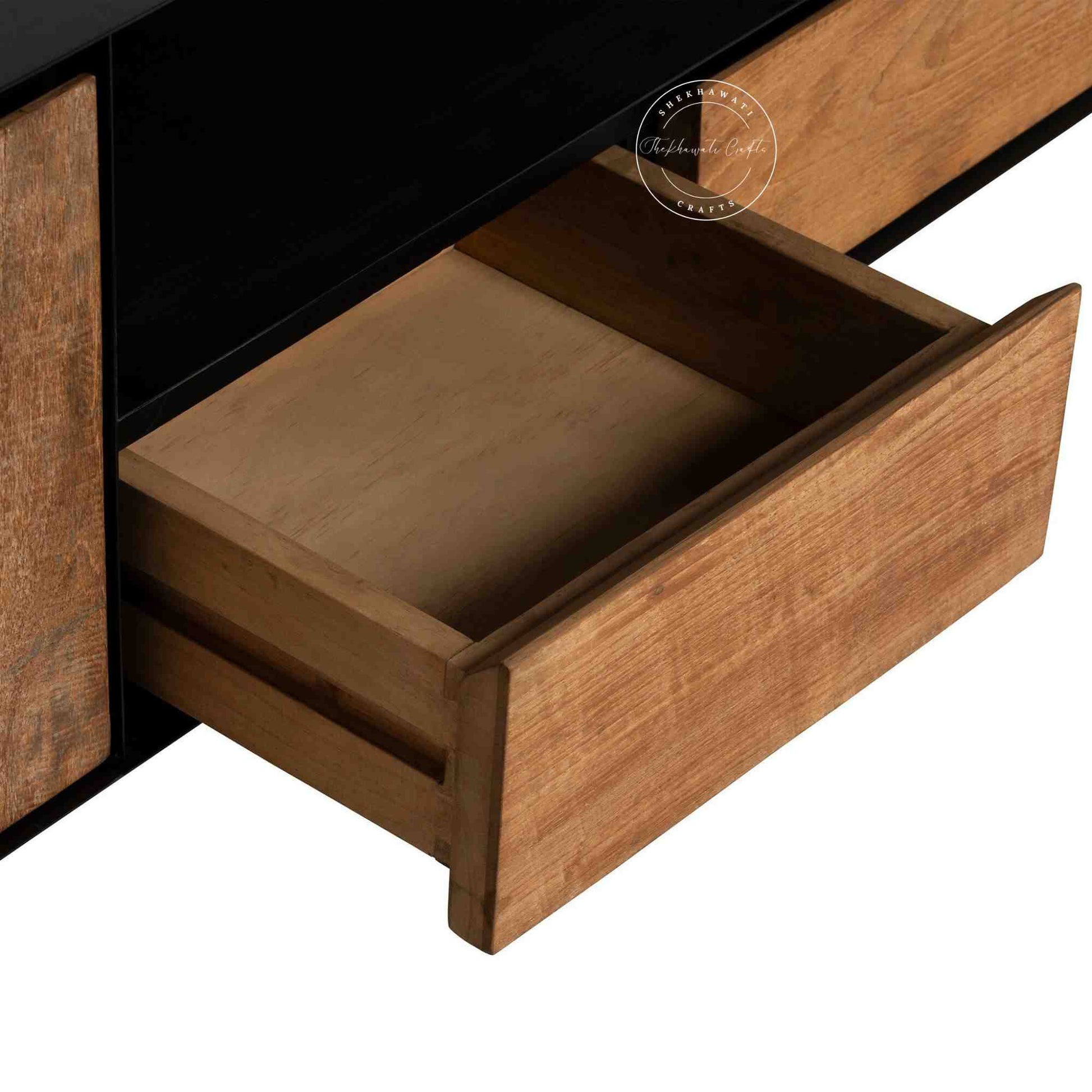 handcrafted TV unit made from mango wood with dual tone finish