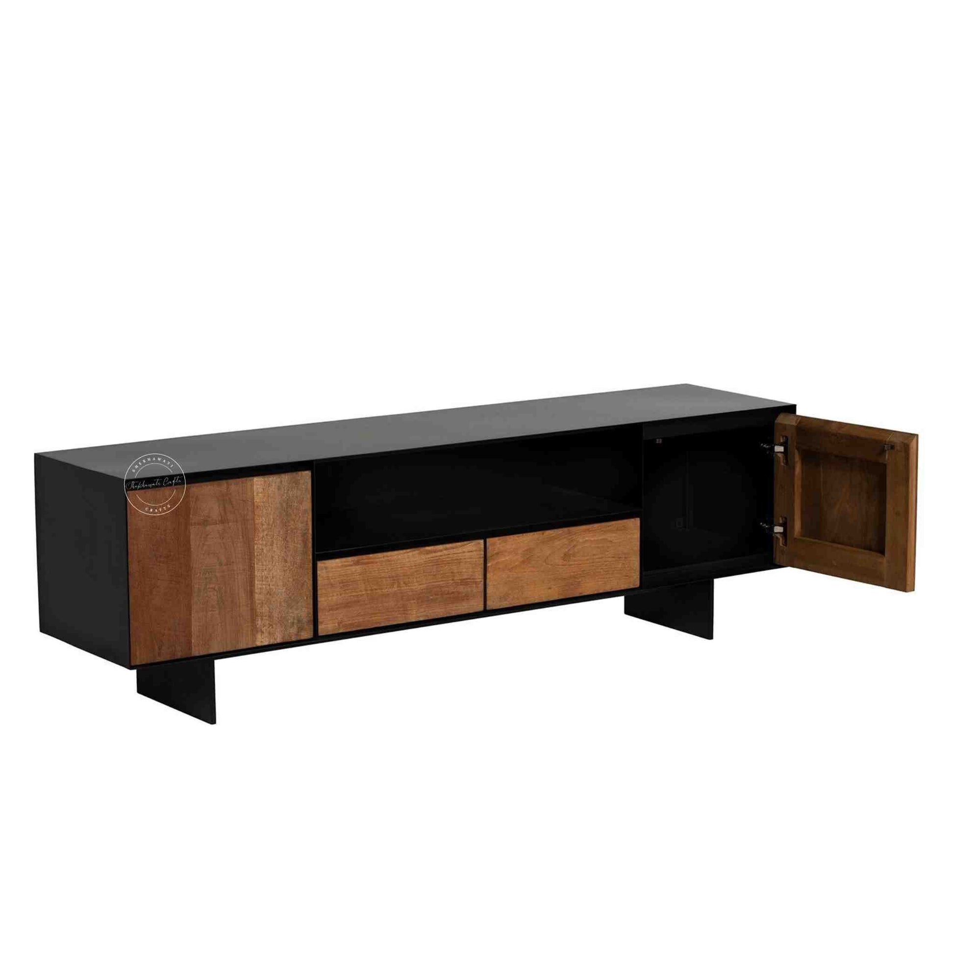 handcrafted TV unit made from mango wood with dual tone finish