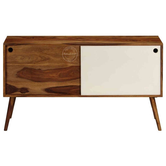 Handcrafted Symphony TV Cabinet made of sheesham wood with a dual-tone finish, sliding doors and detachable legs.