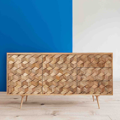 Tuskar sideboard cabinet handcrafted from mango wood with a natural finish, featuring 3 drawers and 2 doors, showcasing a unique design.