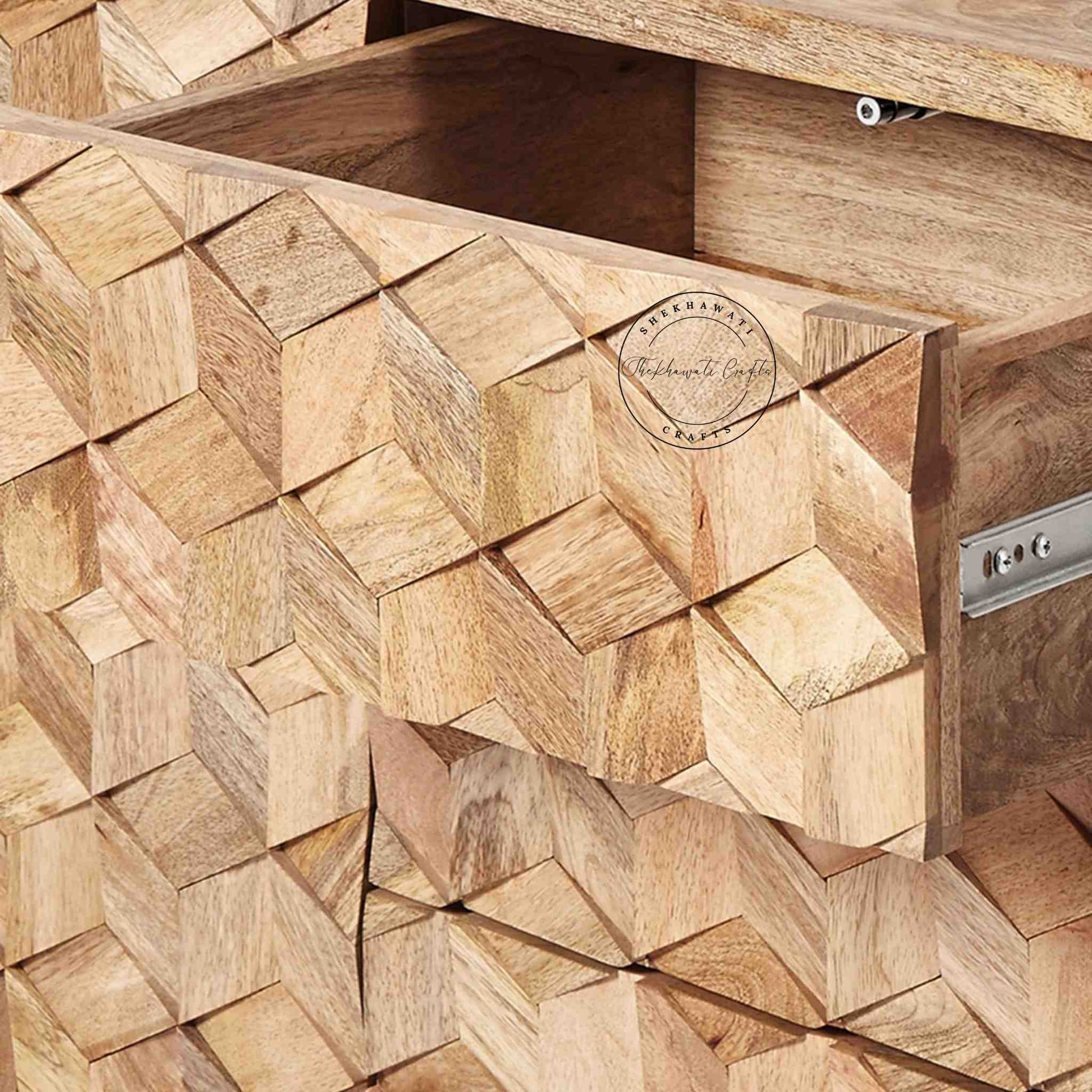 close-up view of Tuskar sideboard cabinet handcrafted from mango wood with a natural finish, featuring 3 drawers and 2 doors, showcasing a unique design.