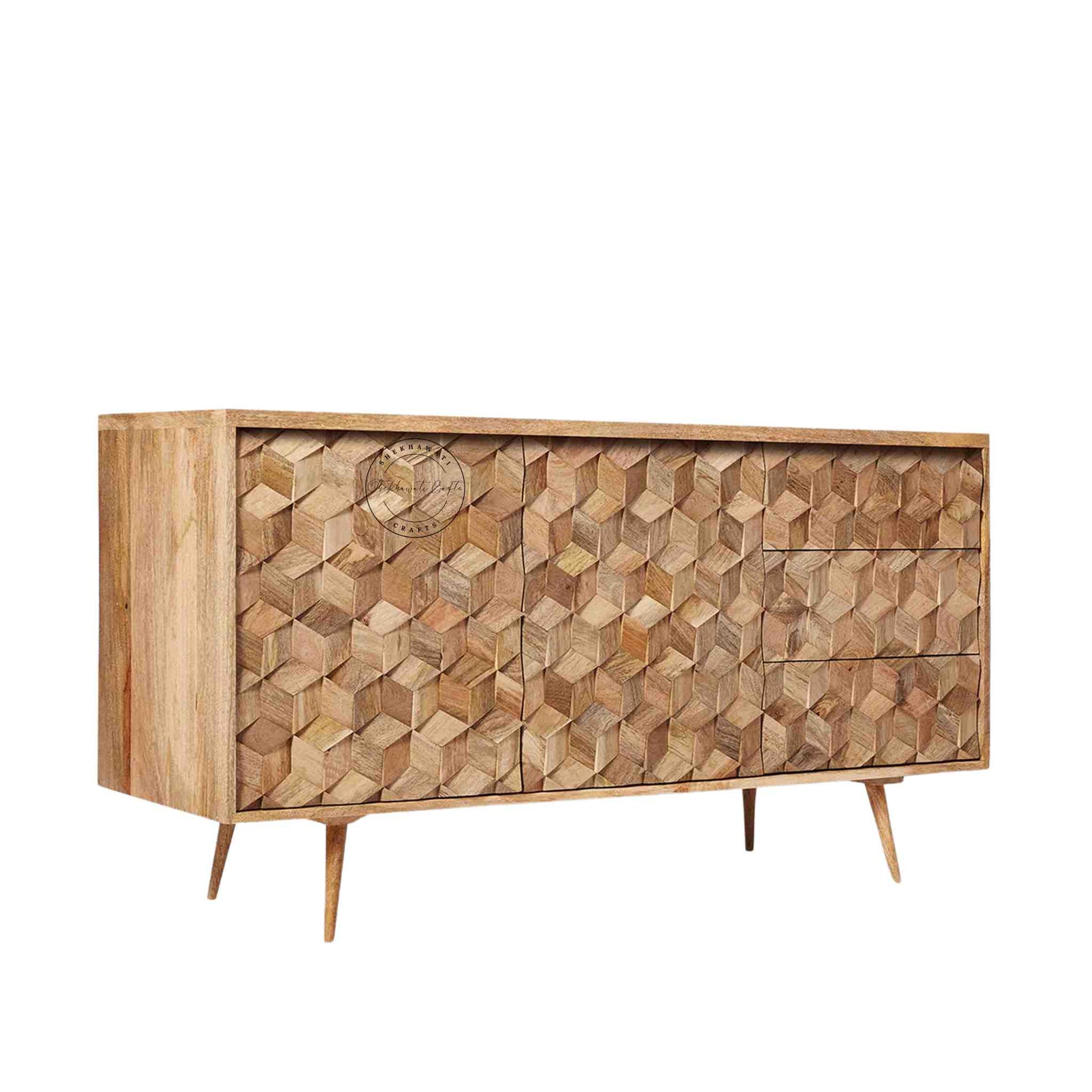 Tuskar sideboard cabinet handcrafted from mango wood with a natural finish, featuring 3 drawers and 2 doors, showcasing a unique design.