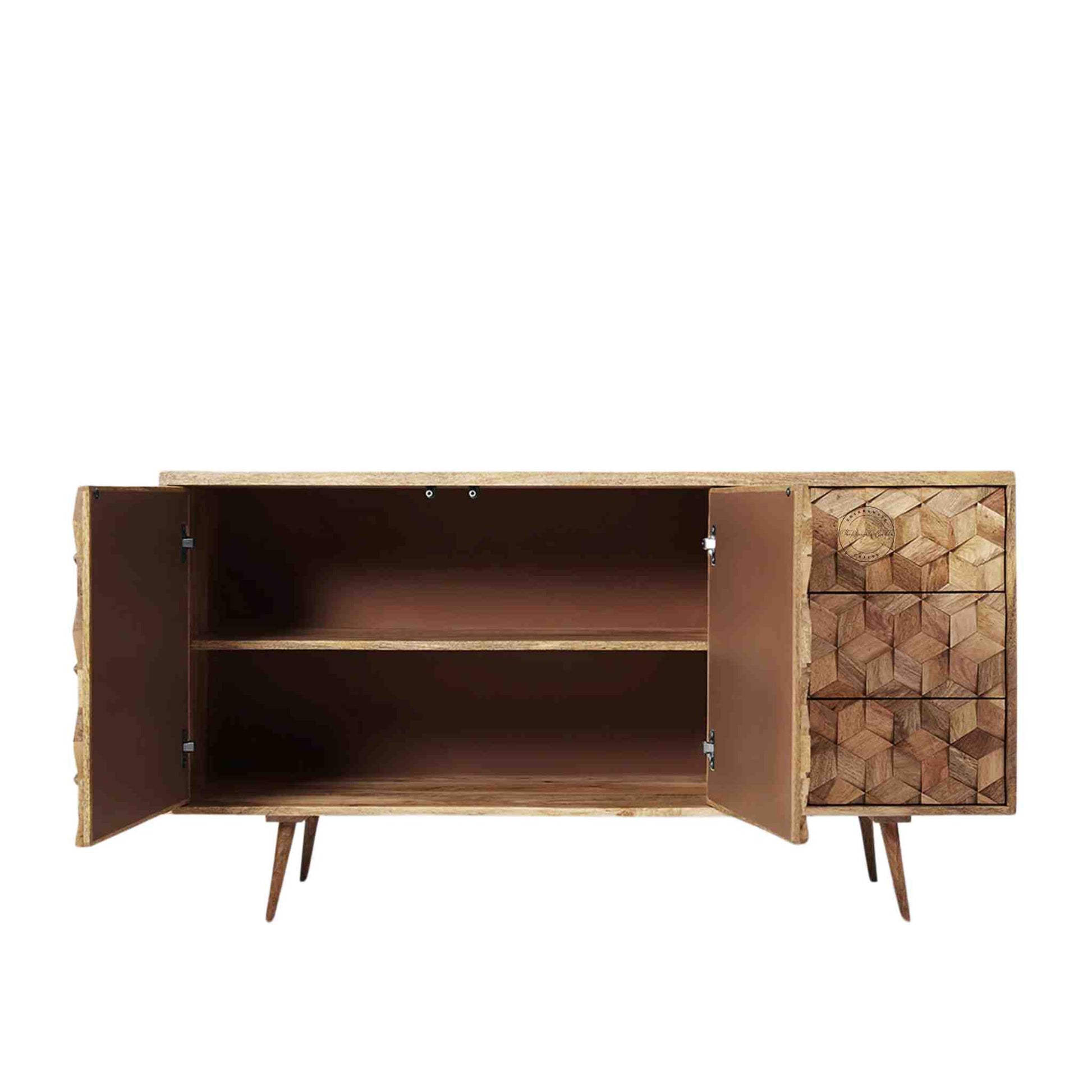 Tuskar sideboard cabinet handcrafted from mango wood with a natural finish, featuring 3 drawers and 2 doors, showcasing a unique design.