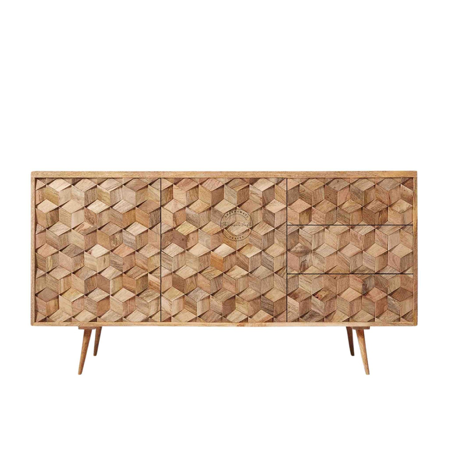 Tuskar sideboard cabinet handcrafted from mango wood with a natural finish, featuring 3 drawers and 2 doors, showcasing a unique design.