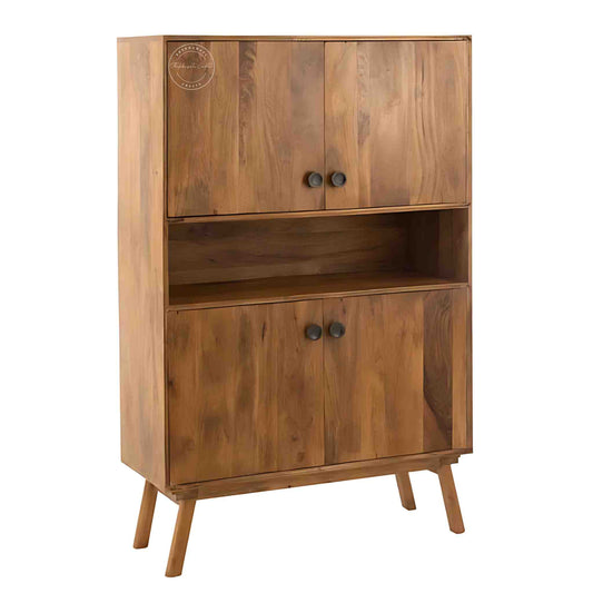 Handcrafted Umber Cabinet made from mango wood with a natural wood finish. It features four doors and detachable shelves.