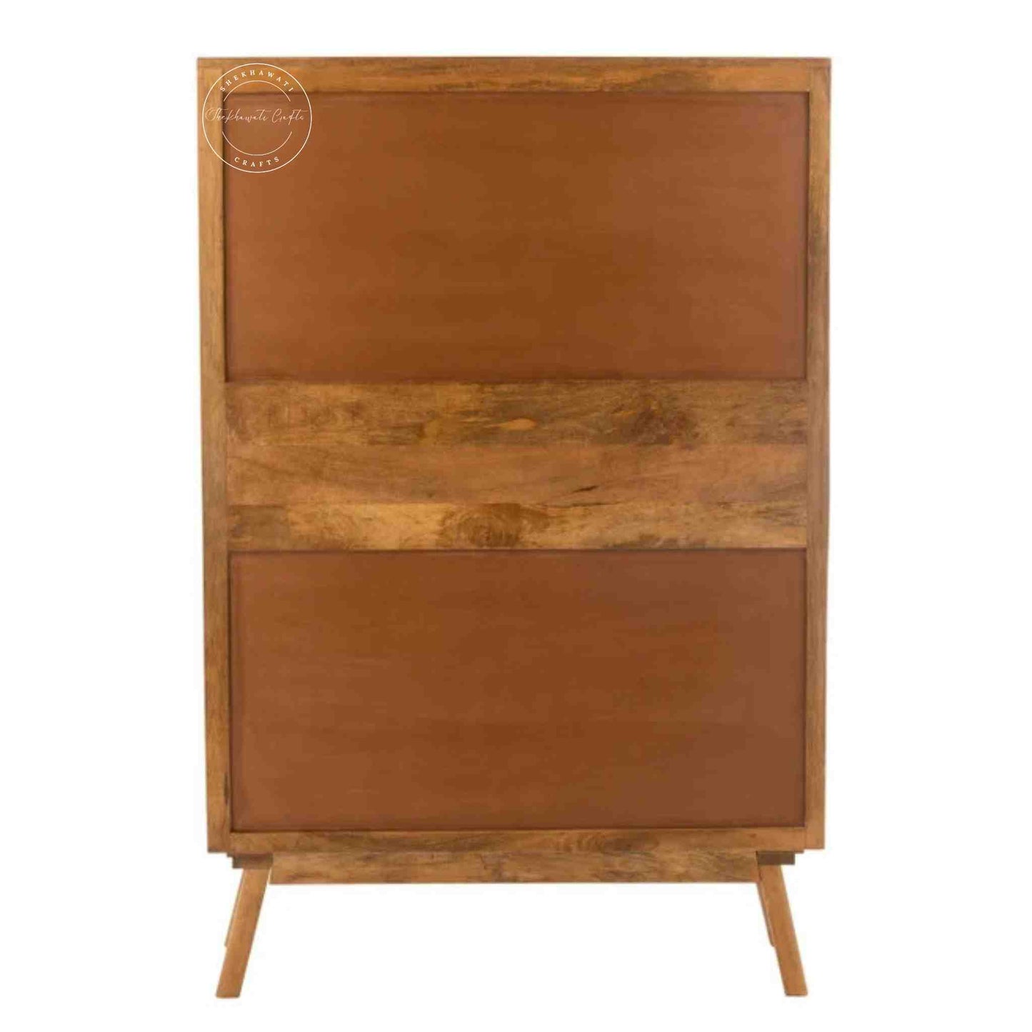 Handcrafted Umber Cabinet made from mango wood with a natural wood finish. It features four doors and detachable shelves.