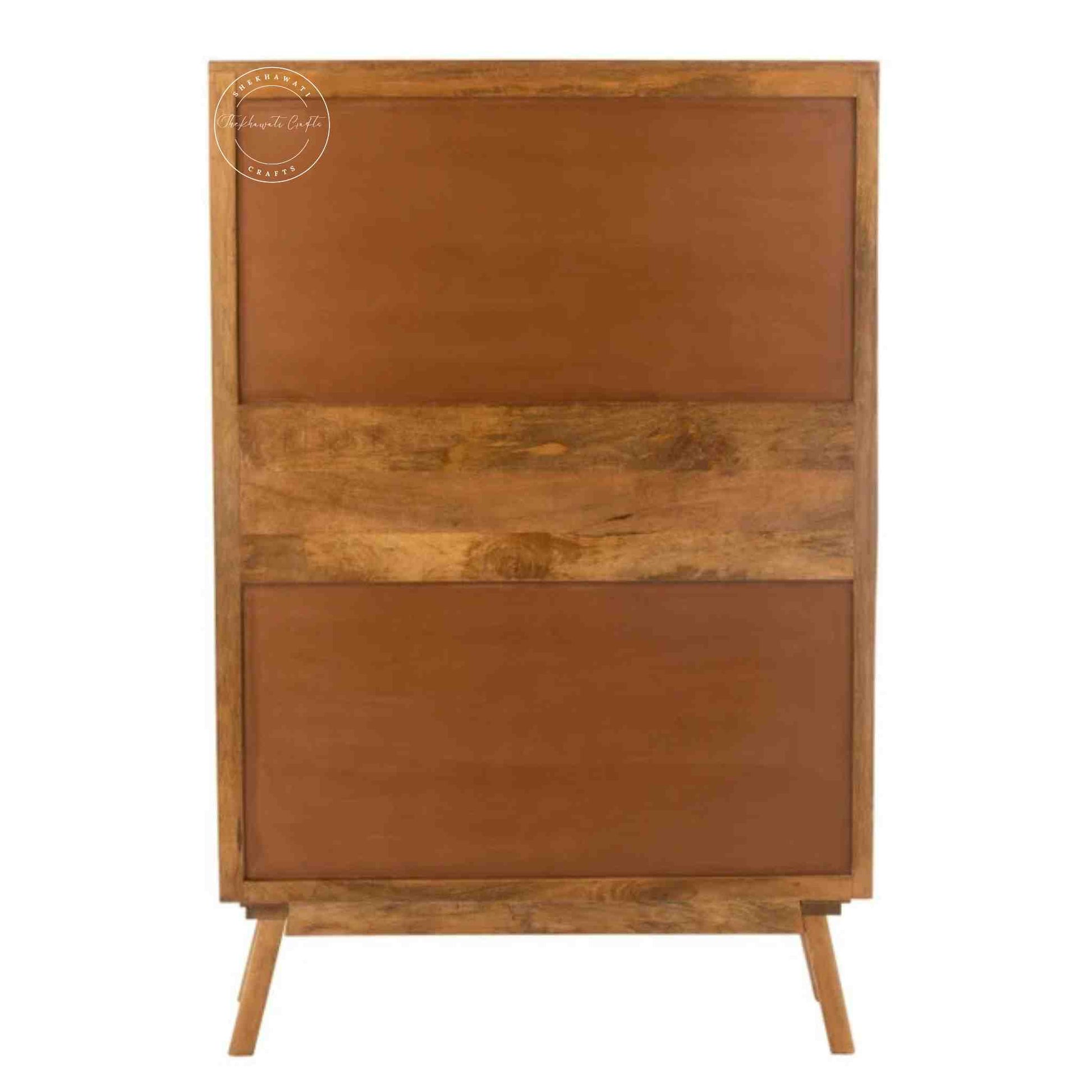 Handcrafted Umber Cabinet made from mango wood with a natural wood finish. It features four doors and detachable shelves.