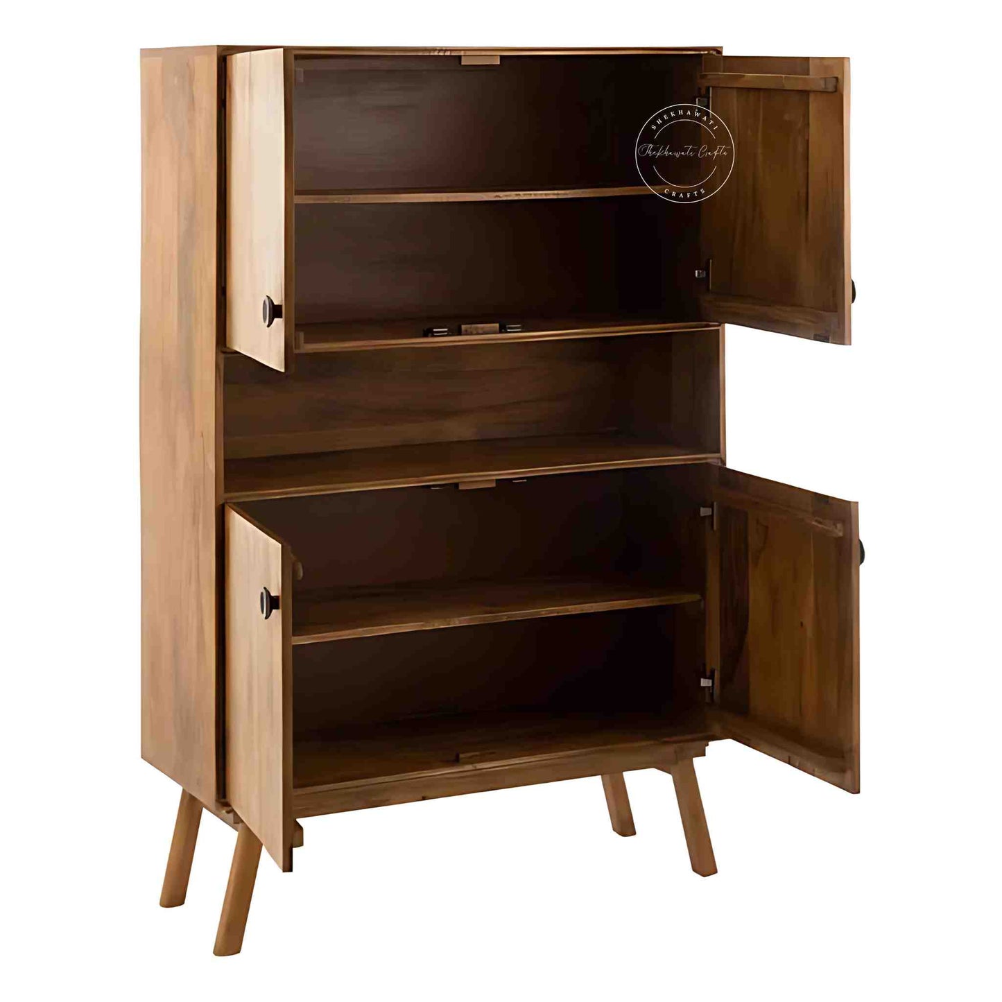 Handcrafted Umber Cabinet made from mango wood with a natural wood finish. It features four doors and detachable shelves.