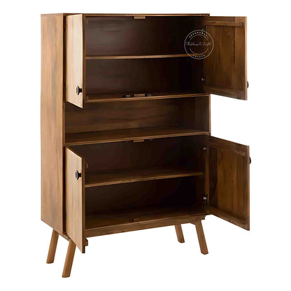 Handcrafted Umber Cabinet made from mango wood with a natural wood finish. It features four doors and detachable shelves.