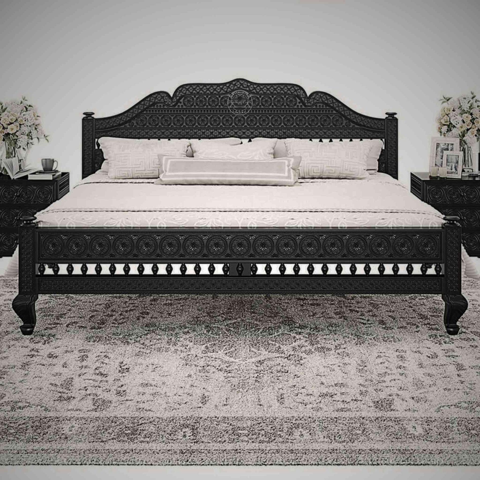 Ummed King Size Bed handcrafted with mango wood and matte black finish. antique Shekhawati hand-carved design.