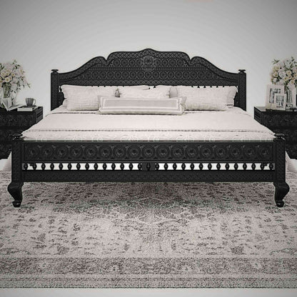 Ummed King Size Bed handcrafted with mango wood and matte black finish. antique Shekhawati hand-carved design.