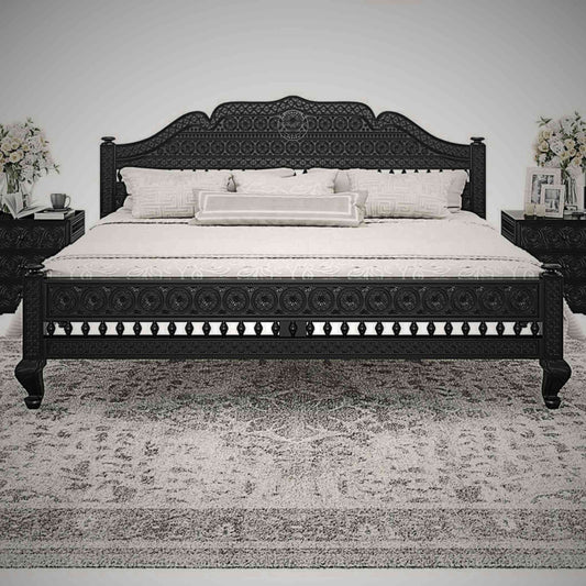 Ummed King Size Bed handcrafted with mango wood and matte black finish. antique Shekhawati hand-carved design.