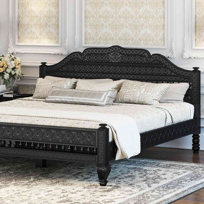 Ummed King Size Bed handcrafted with mango wood and matte black finish. antique Shekhawati hand-carved design.