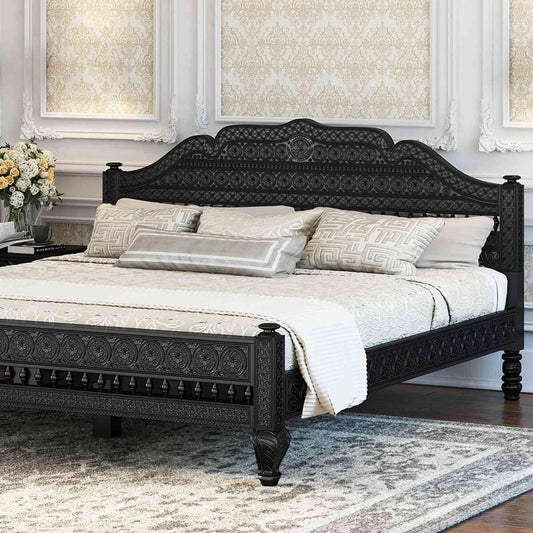 Ummed King Size Bed handcrafted with mango wood and matte black finish. antique Shekhawati hand-carved design.
