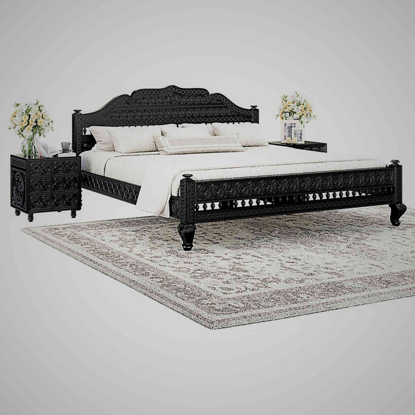 Ummed King Size Bed handcrafted with mango wood and matte black finish. antique Shekhawati hand-carved design.